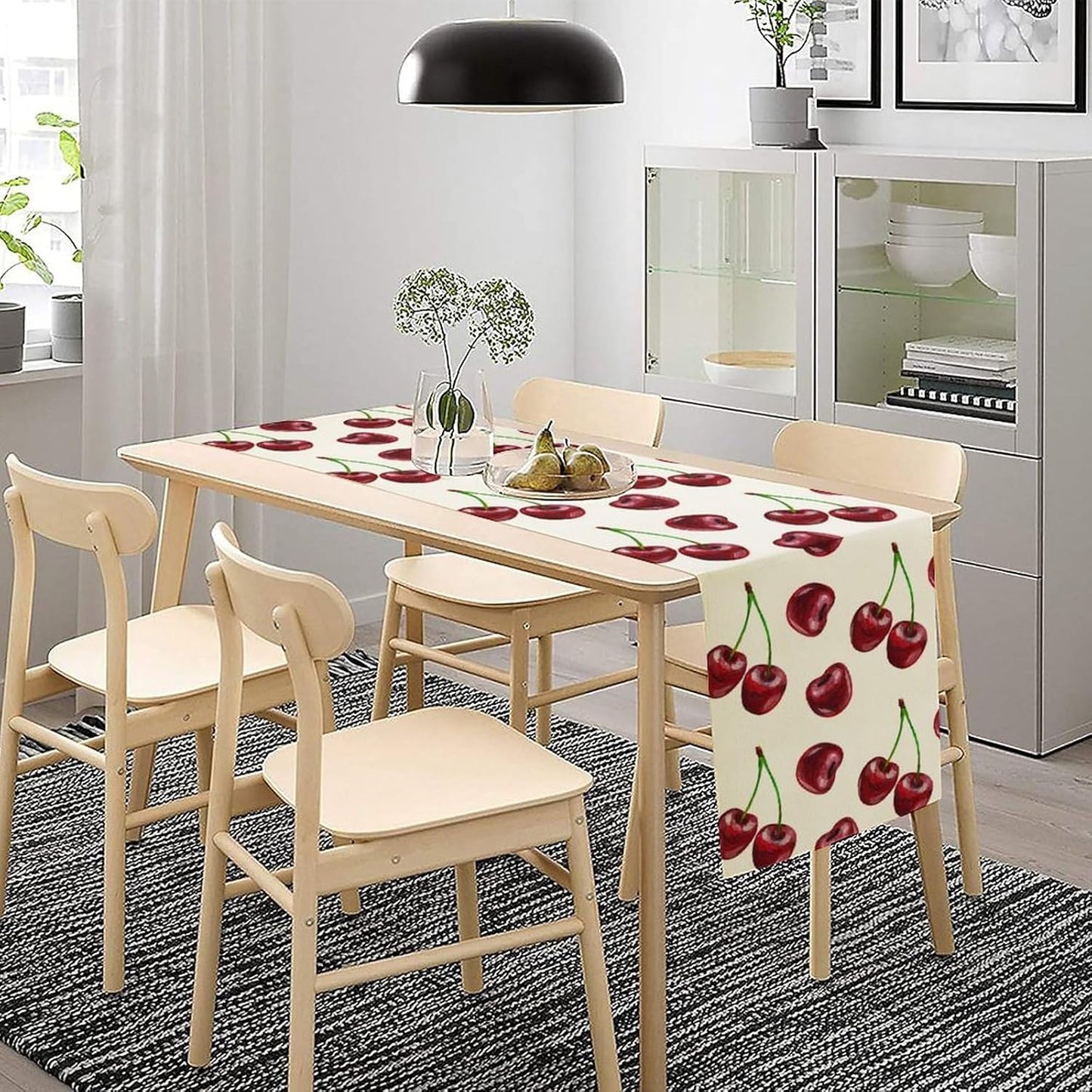 Red Cherry Table Runner Watercolor Spring Summer Wild Berry Tropical Fruit Theme Dinner Runner for Girl Baby Shower Party Holiday Home Kitchen Dining Table Decor 13x36