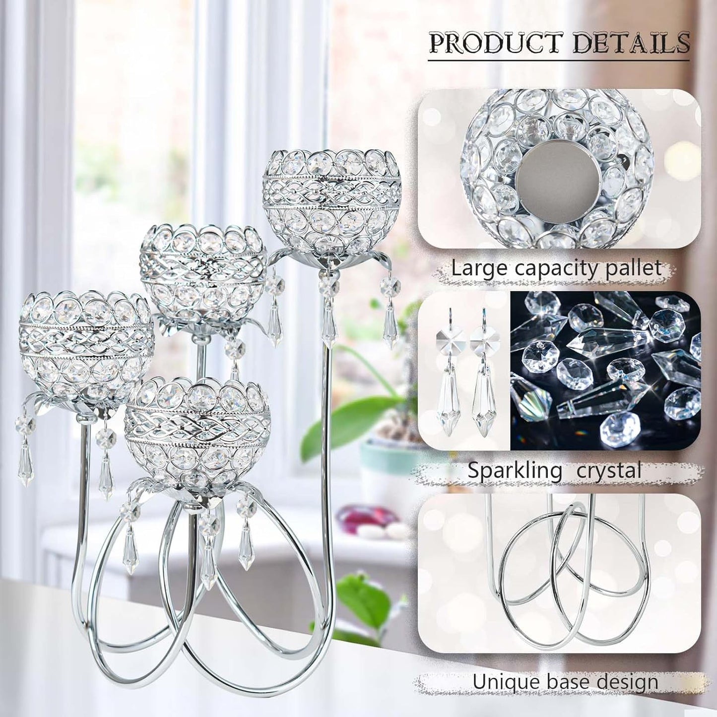 4 Arms Crystal Candelabra Tealight Holder - Tall 15.7 Inch Elegant Centerpiece with Crystal Pendant Bowls & Artistic Metal Stand for Wedding, Dining Table, Home Decor (1, Silver)