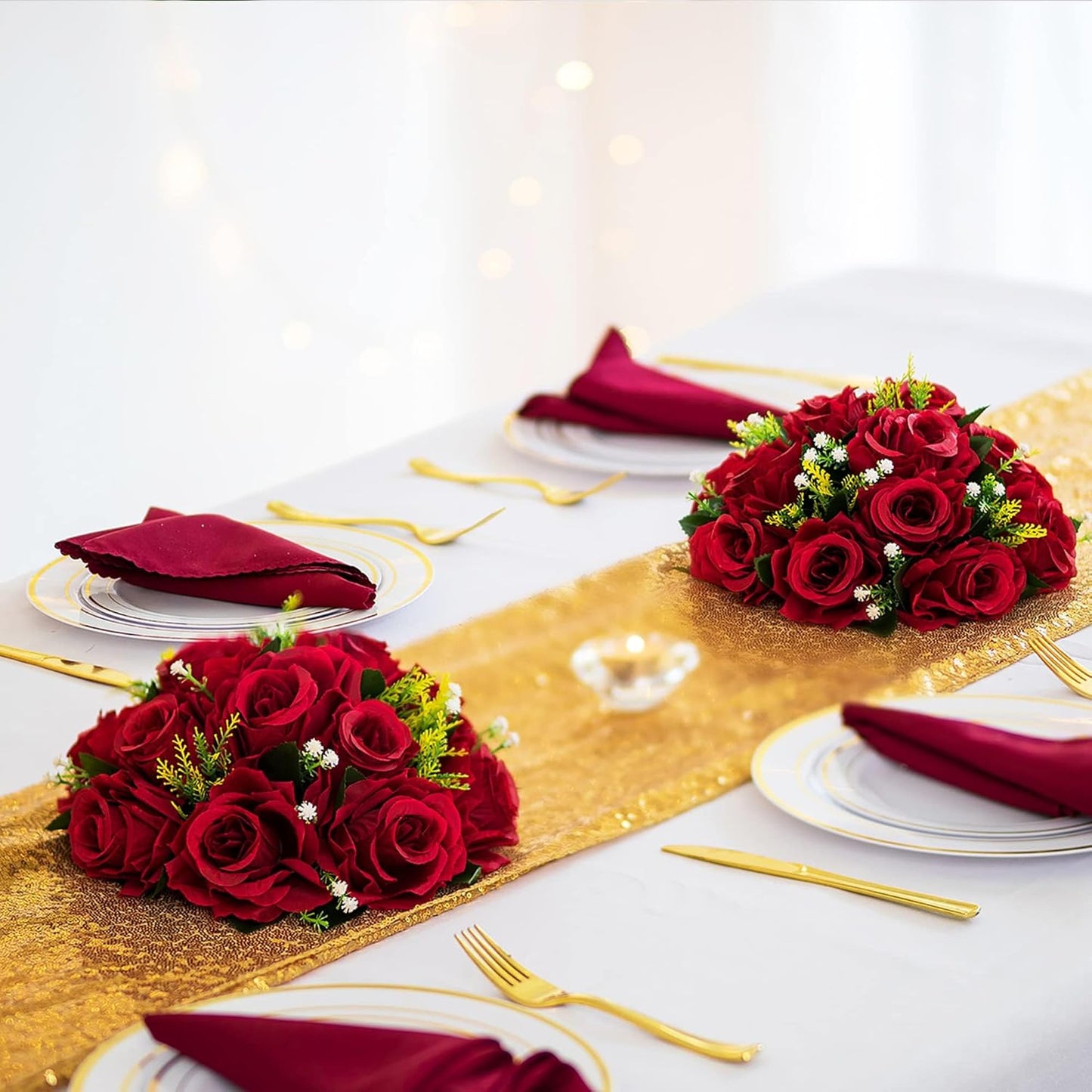 BLOSMON Flower Balls Wedding Rose Centerpieces: 2 Pcs Crimson Fake Flowers Kissing Balls Decor Artificial Floral Arrangements Flower Bouquet of Roses Home Party Table DIY Decorations