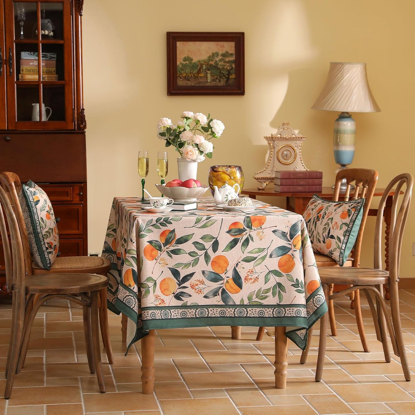 patdrea Designer Vintage Linen Square Table Cloth,Framhouse Linen Oranges and Leaves Pattern Tablecloth,Fall Decor Table Cover for Kitchen Dining Christmas,Thanksgiving,67"x67"-Palladin a