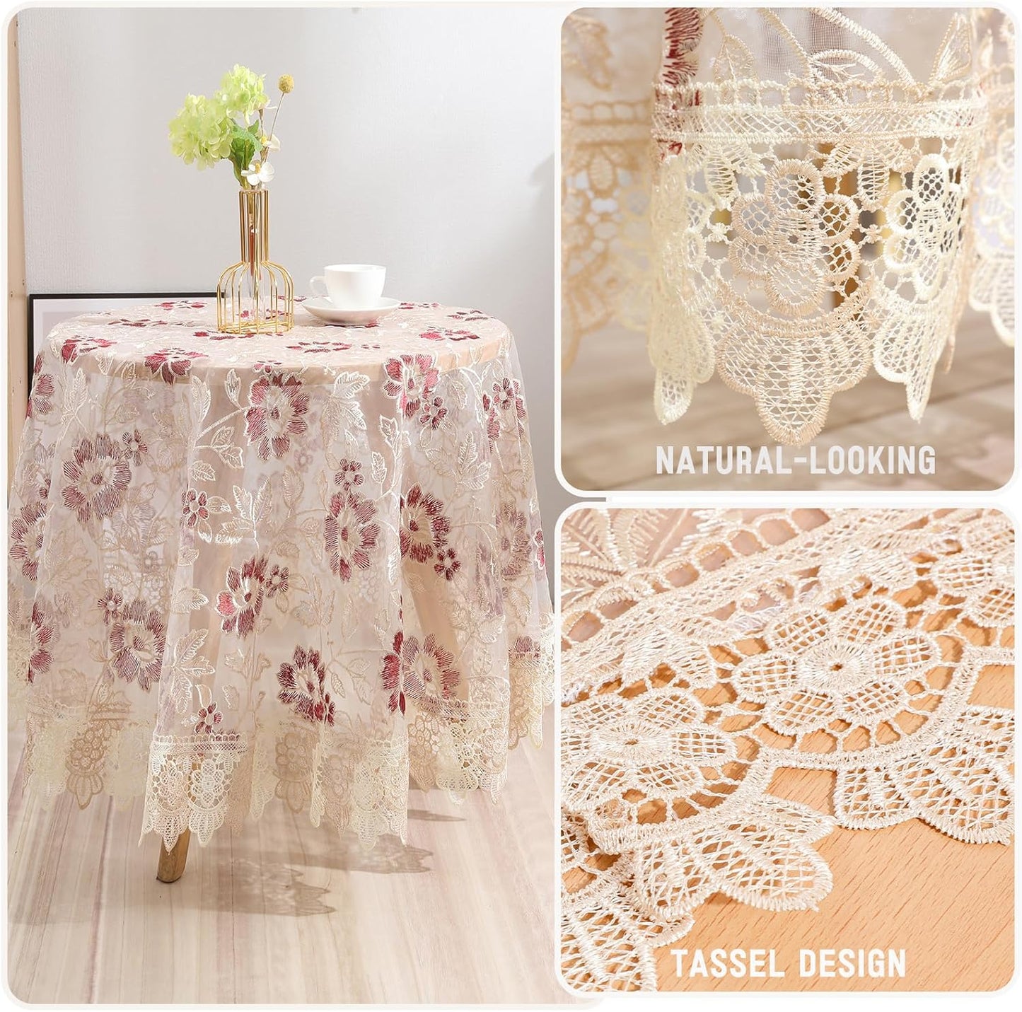 Round Embroidered Lace Tablecloth Vintage Decorative Exquisite Border Table Cover for Party Wedding Home Decorations, Round-60, Red