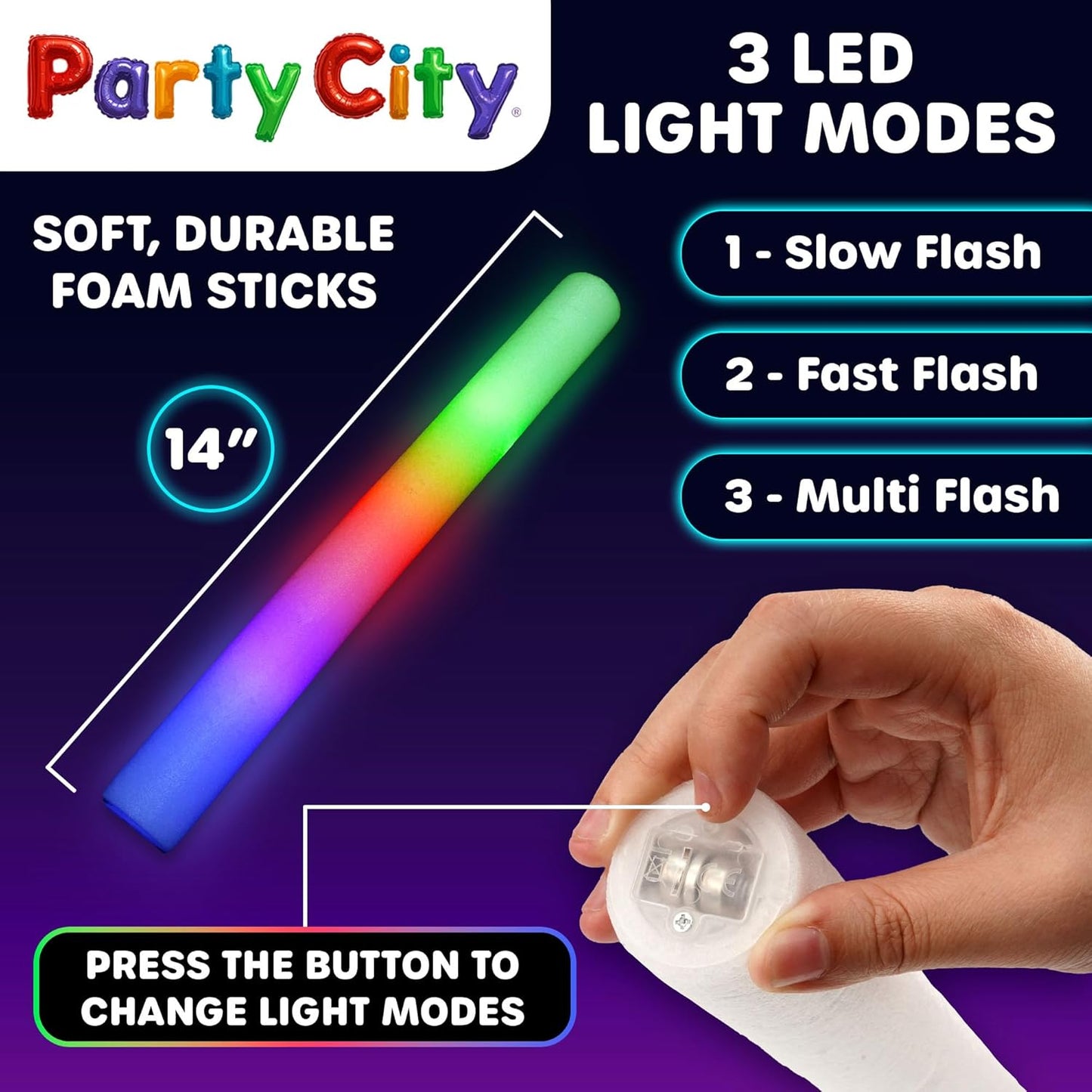 Party City 24pk LED Foam Glow Sticks 14”- Glow in the Dark Party Supplies Favors, Colorful Flashing Wand with 3 Modes, Foam Light Up Sticks Bulk Party Pack for Wedding, Birthday, Concert, Halloween