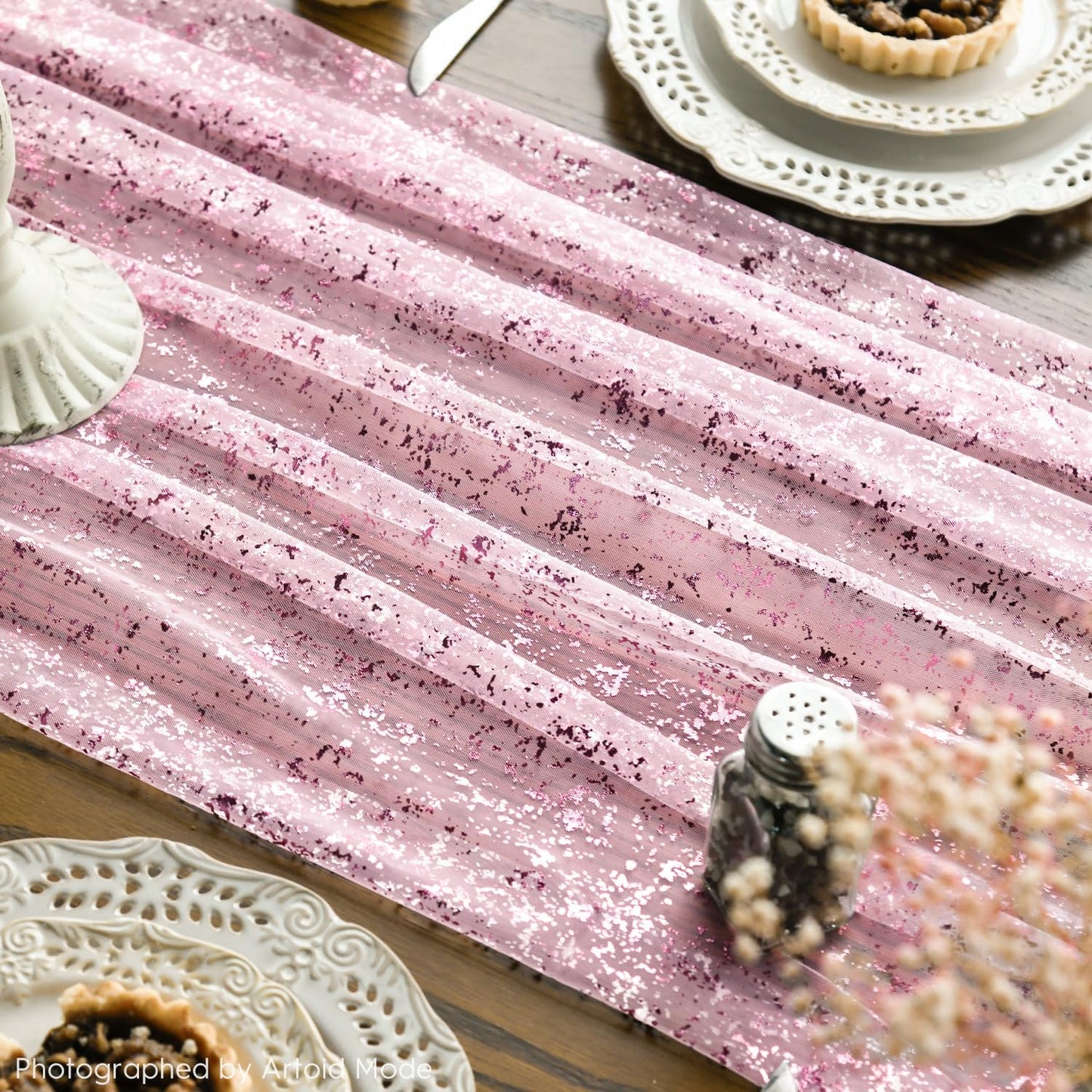 Artoid Mode 6PCS Pink Gold Gauze Table Runner 120 Inch 10FT, Glitter Metallic Foil Sheer Dining Wedding Anniversary Holiday Table Decor for Home Party