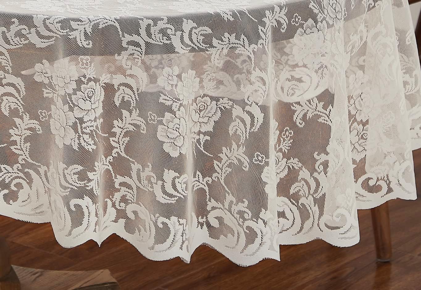LinenZone Ivory Round Tablecloth for Rustic Vintage Decor. Sheer Lace Tablecloth Works Great As Wedding Table Cloth or Christmas Table Cover (Mia 48 Round, Ivory)