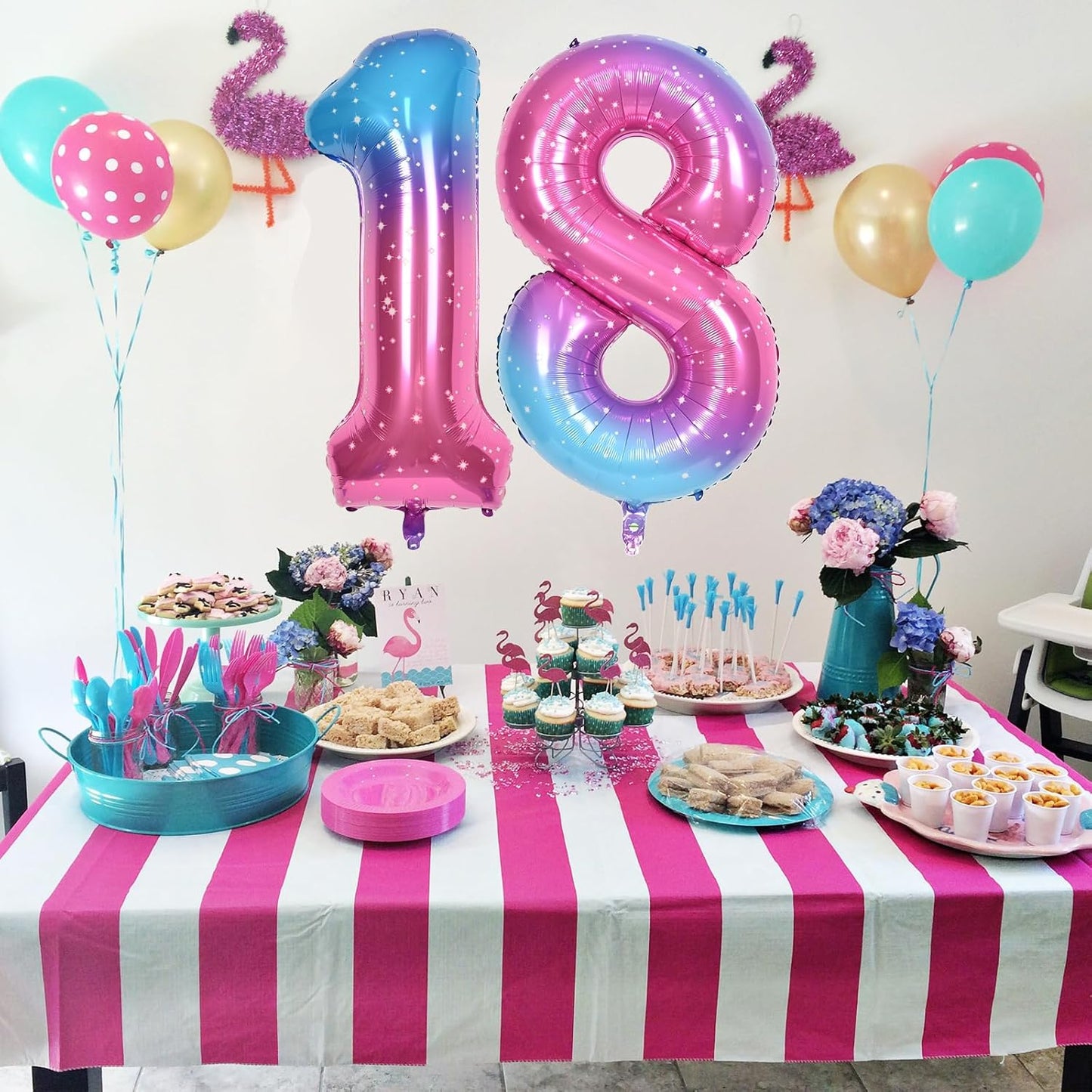 Gradient Blue Pink Number Balloons, 40" Large Rainbow Number 6 Foil Mylar Helium Balloons for Girls Women, Colorful Starry Self Inflating Number Balloons 0-9 for Birthday Party Celebration Decoration