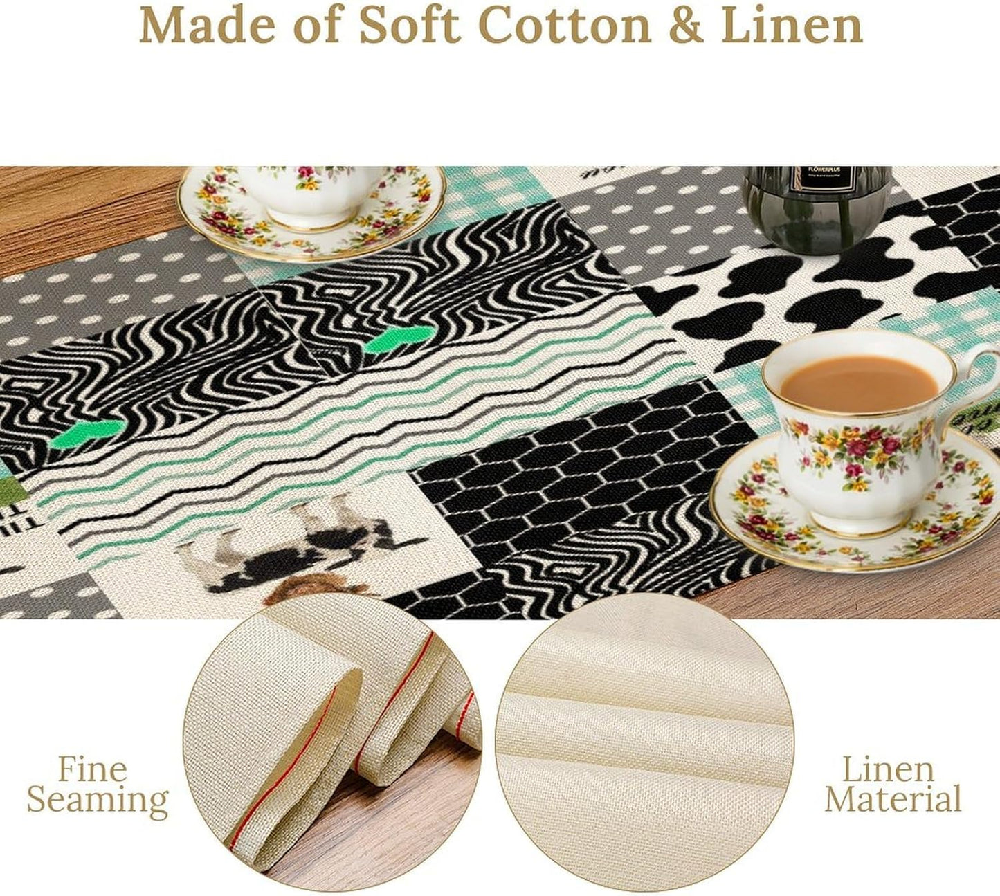 Cute Cow Print Table Runner,Farm Animals Honeycomb Plaid Stripes Cowhide Pattern Tablecloth Burlap for Hotel Indoors Outdoor Dining Room Kitchen Table Decor, 13x60in
