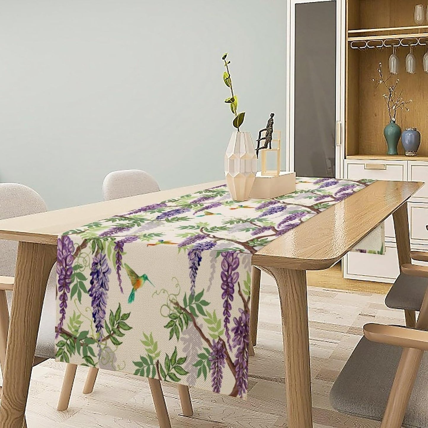 Vintage Bird Flower Table Runner Seasonal Spring Purple Wisteria Garden Plants Lavender Florals Farmhouse Country Kitchen Dinner Runner Dining Table Decoration for Home Party Holiday 13"x108"