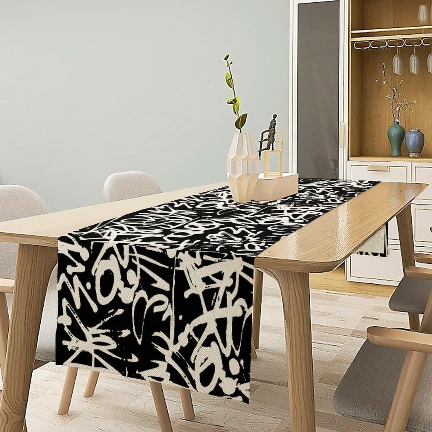 Graffiti Table Runner,Black White Abstract Messy Art Theme Pattern Print Tablecloth Burlap for Hotel Indoors Outdoor Dining Room Kitchen Home Decor,W13X L108 in