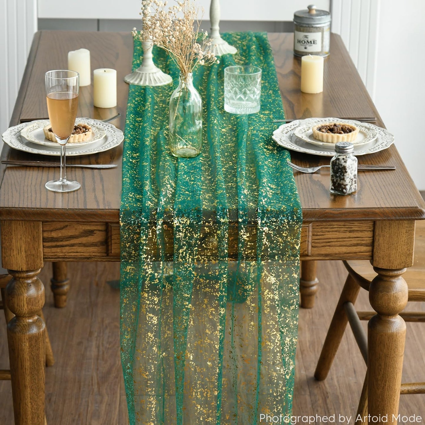 Artoid Mode 6PCS Green Gold Gauze Table Runner 120 Inch 10FT, Glitter Metallic Foil Sheer Dining Wedding Anniversary Holiday Table Decor for Home Party