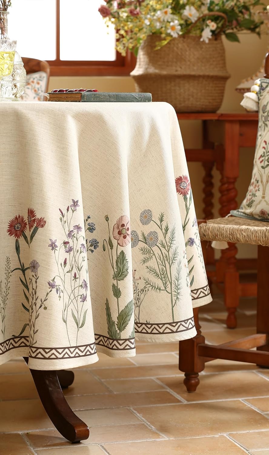 ISAENNE Designer Off White Linen Round Tablecloth,Floral Elegant Table Cloth,Stain Resistant Vintage Decor Tablecloths for Dining Thanksgiving Kitchen Christmas,Diameter 67"-Serenity G