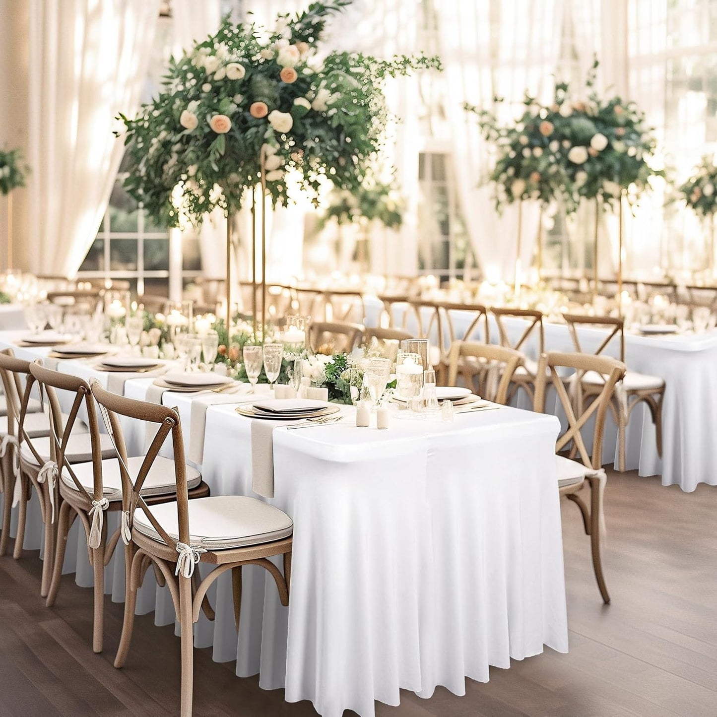 Wish Care 6 Pack White Spandex Table Clothes for 8 Foot Rectangle Tables, 8FT Wrinkle Free Fitted Tablecloths Ruffles Design Table Cover for Party, Banquet, Wedding and Events