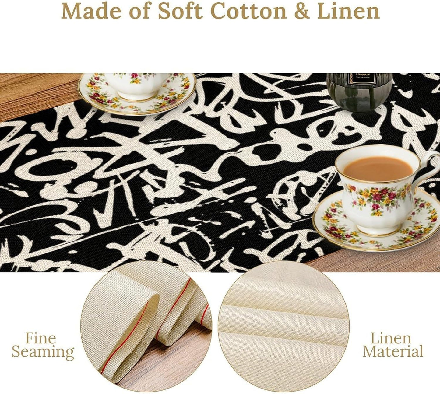 Graffiti Table Runner,Black White Abstract Messy Art Theme Pattern Print Tablecloth Burlap for Hotel Indoors Outdoor Dining Room Kitchen Home Decor,W13X L70 in