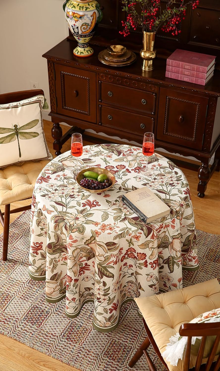 ISAENNE Designer Bohemian Linen Small Round Table Cloth,Colorful Floral Pattern Tablecloth,Wrinkle Resistant Decorative Tablecloths for Dining Thanksgiving Kitchen Party,Diameter 55"-Grace A