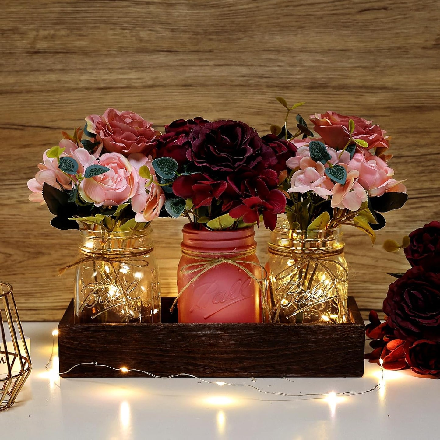 Mason Jar Lights Centerpiece for Table, Mason Jar Centerpiece Decor for Dining Room Farmhouse Coffee Table Decor with Wood Tray Fairy Lights Peony Flowers for Kitchen Living - Burgundy Pink