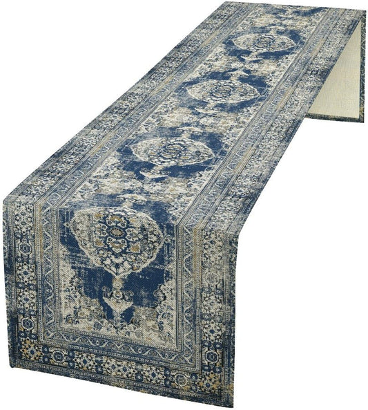Vintage Boho Floral Table Runner, Rustic Country Farmhouse Blue Teal Retro Flower Pattern for Home Kitchen Table Decor Dining Coffee Room Party Decor 13x72in