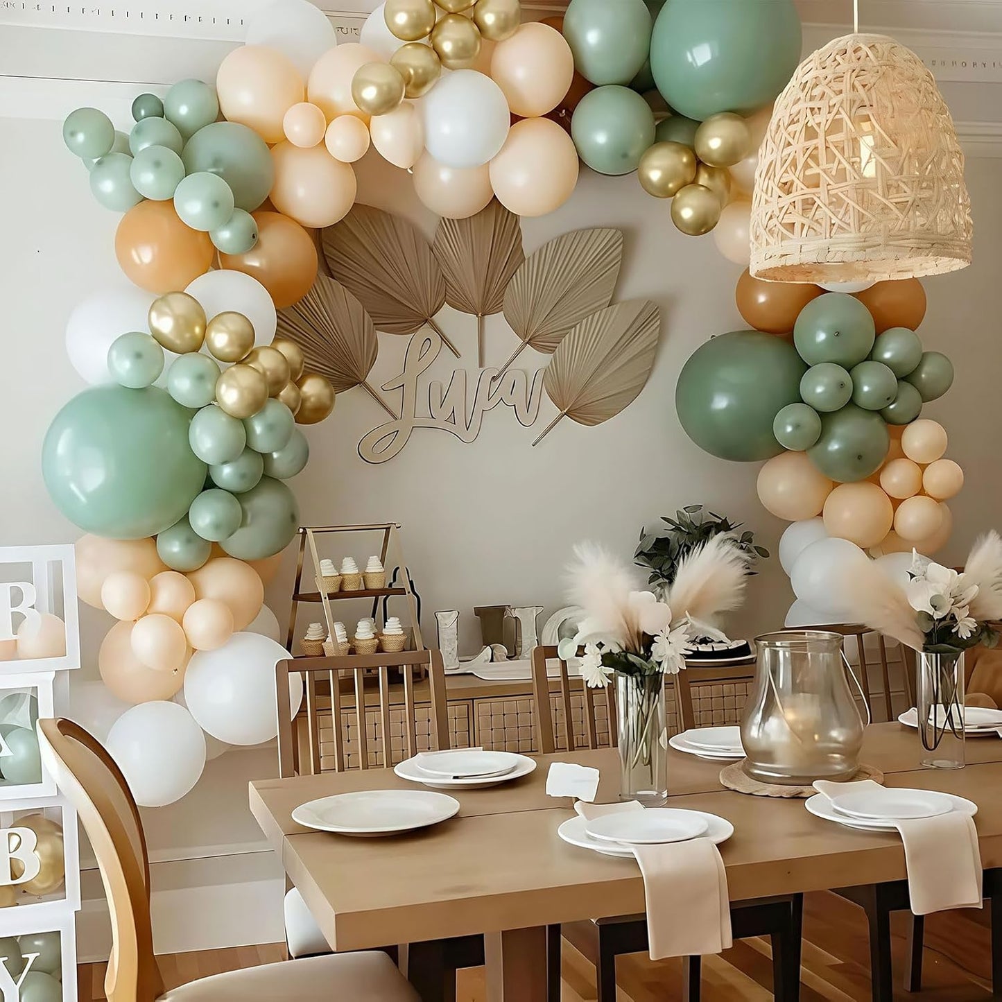 Balloons Green Gold, 60 Packs 12 Inch Retro Sage Green Gold Metallic Balloon, Olive Green White Latex Balloons for Wedding, Birthday, Baby Shower, Safari Jungle Party, Anniversary Decorations