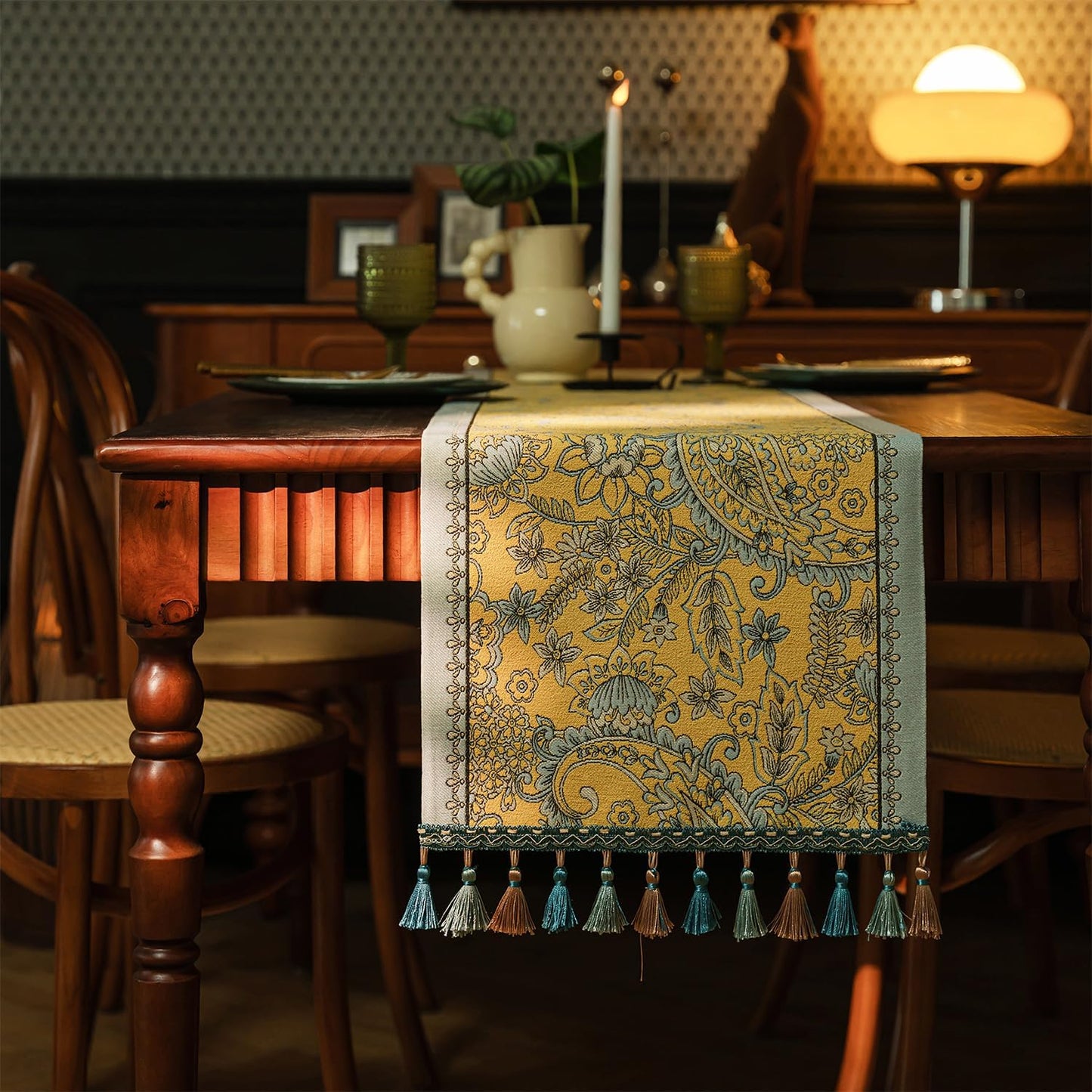 13×72 Inch Table Runner, Retro-Luxury Tassels Series for Kitchen Dining Table Holiday Decoration (Yellow Pheonix)