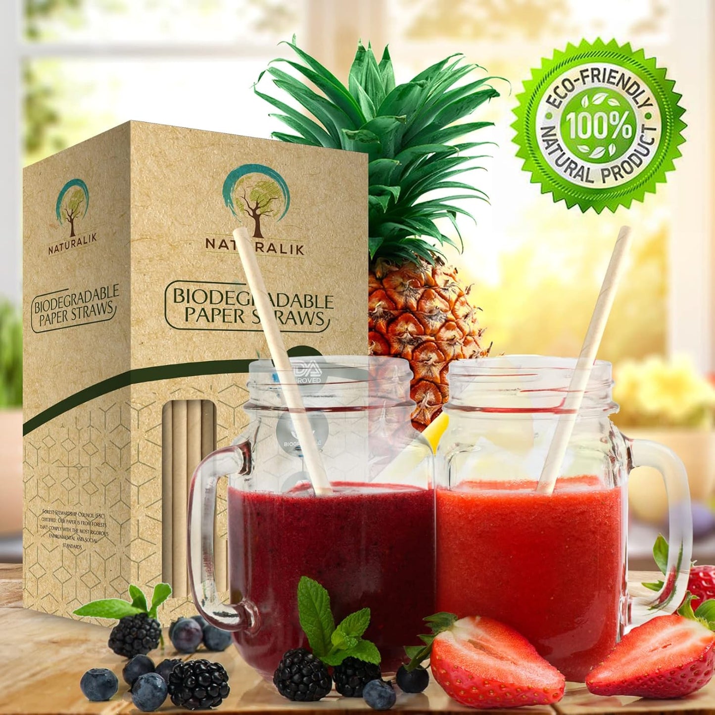 1000-Pack Sturdy Biodegradable Paper Straws Heavy-Duty, Dye-Free, Eco-Friendly Sturdy Paper Straws Bulk Drinking Straws for Smoothies, Restaurants and Party Decorations 7.7" (Brown, 1000pc)