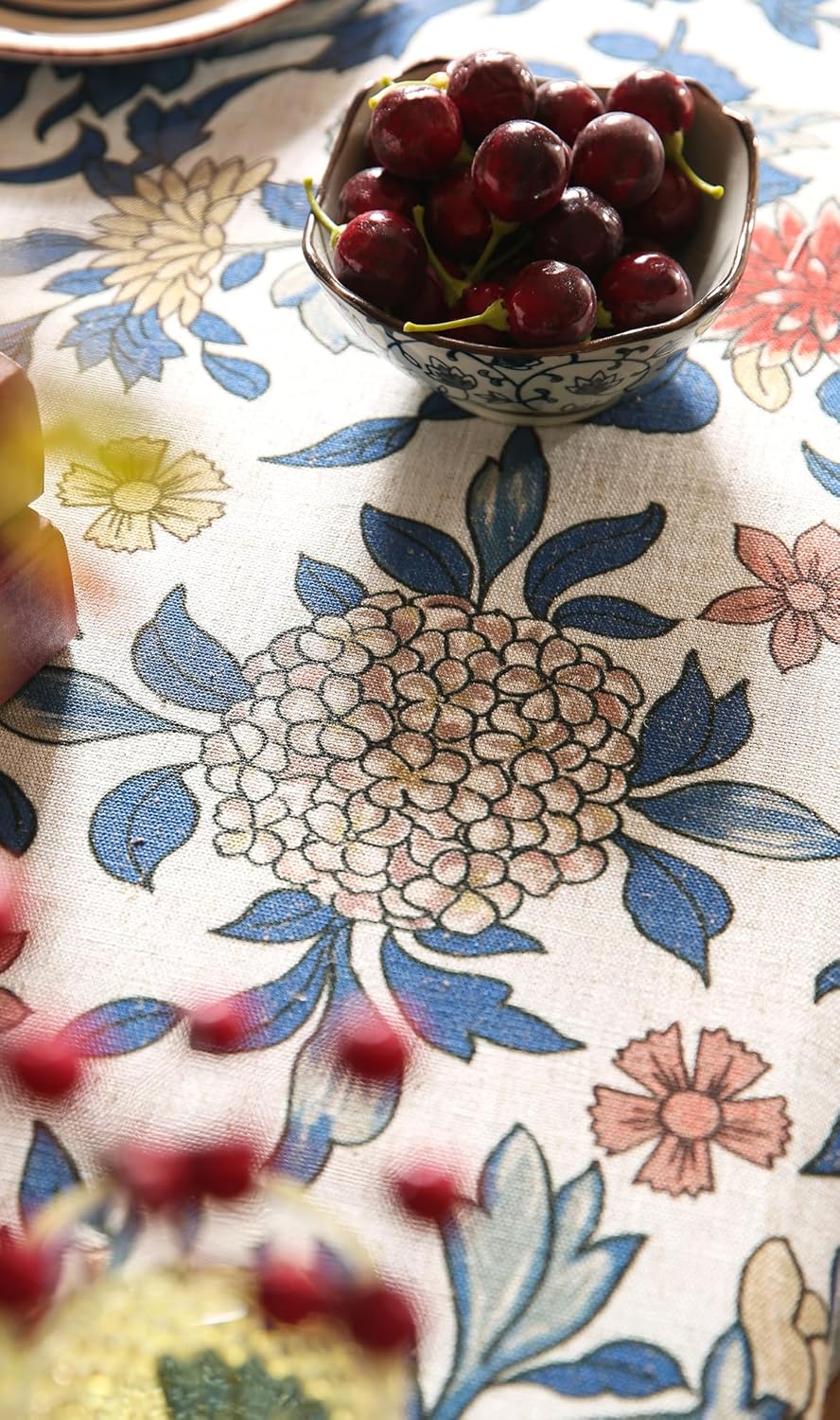 patdrea Designer Blue Tablecloth for Rectangle Table,Vintage Linen with Leaves and Floral Pattern Tablecloths,Farmhouse Decor Cover for Kitchen Dining Christmas,Thanksgiving,63"x87"-Ivar a