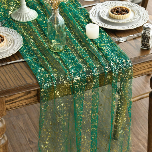 Artoid Mode 6PCS Green Gold Gauze Table Runner 120 Inch 10FT, Glitter Metallic Foil Sheer Dining Wedding Anniversary Holiday Table Decor for Home Party