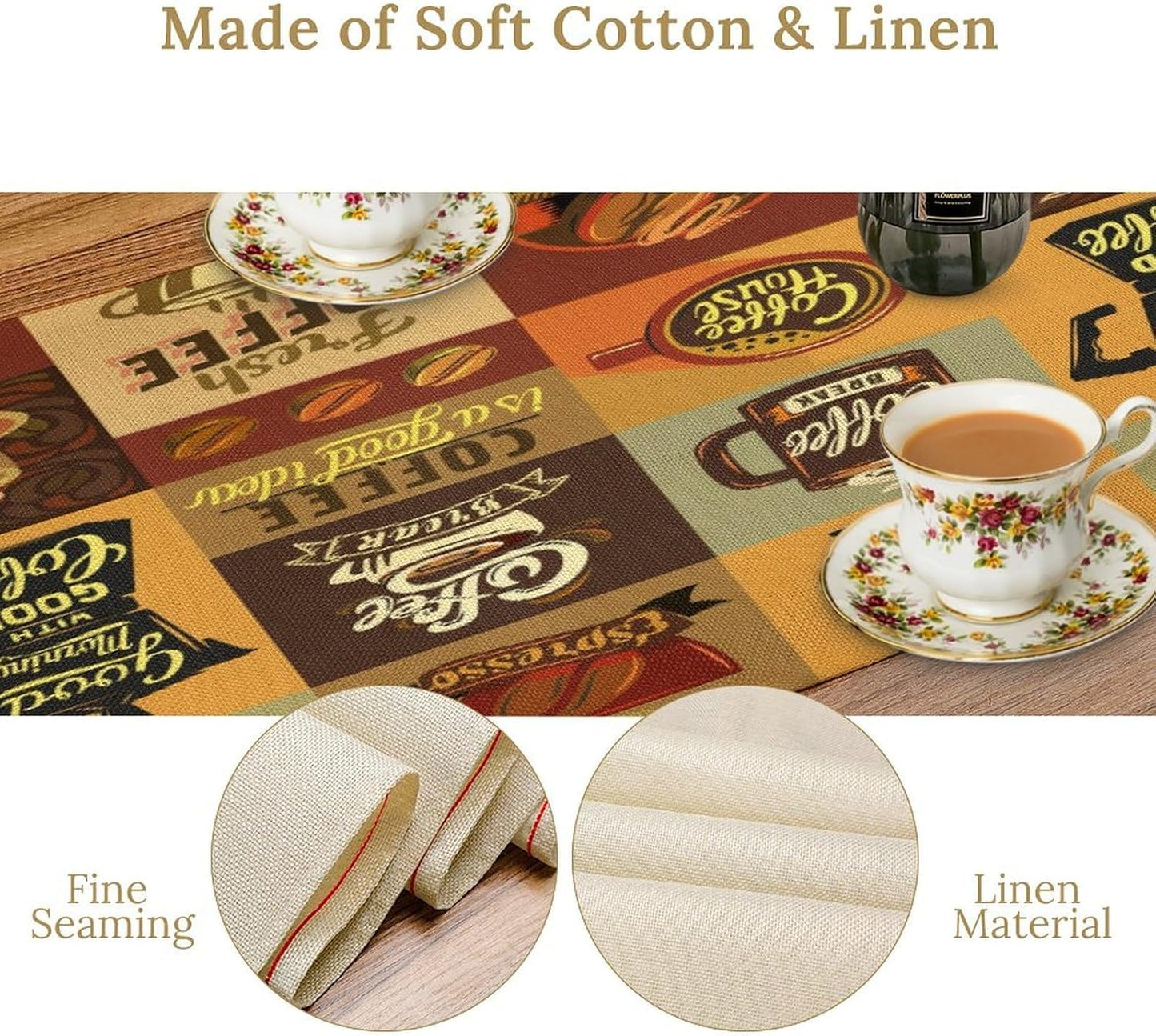 Coffee Table Runner,Vintage Style Coffee Beans Cups Theme Design Pattern Print Tablecloth Burlap for Hotel Indoors Outdoor Dining Room Kitchen Holiday Party, 13x36in