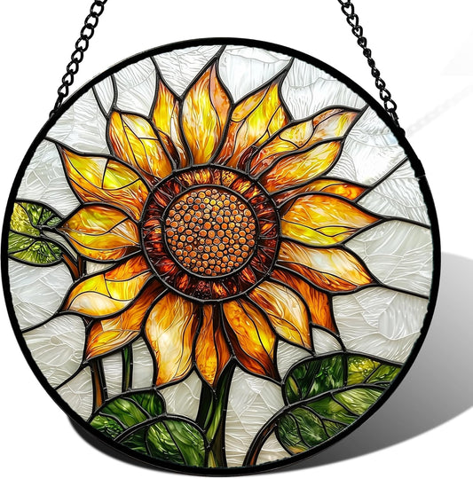 Stained Glass Window Hanging - Sunflower Flower Suncatcher Ready to Hang Window Doors Home Decoration and Christmas, Mother's Day Birthday Gifts for Women, Men, and Mom 14.9x14.9 in