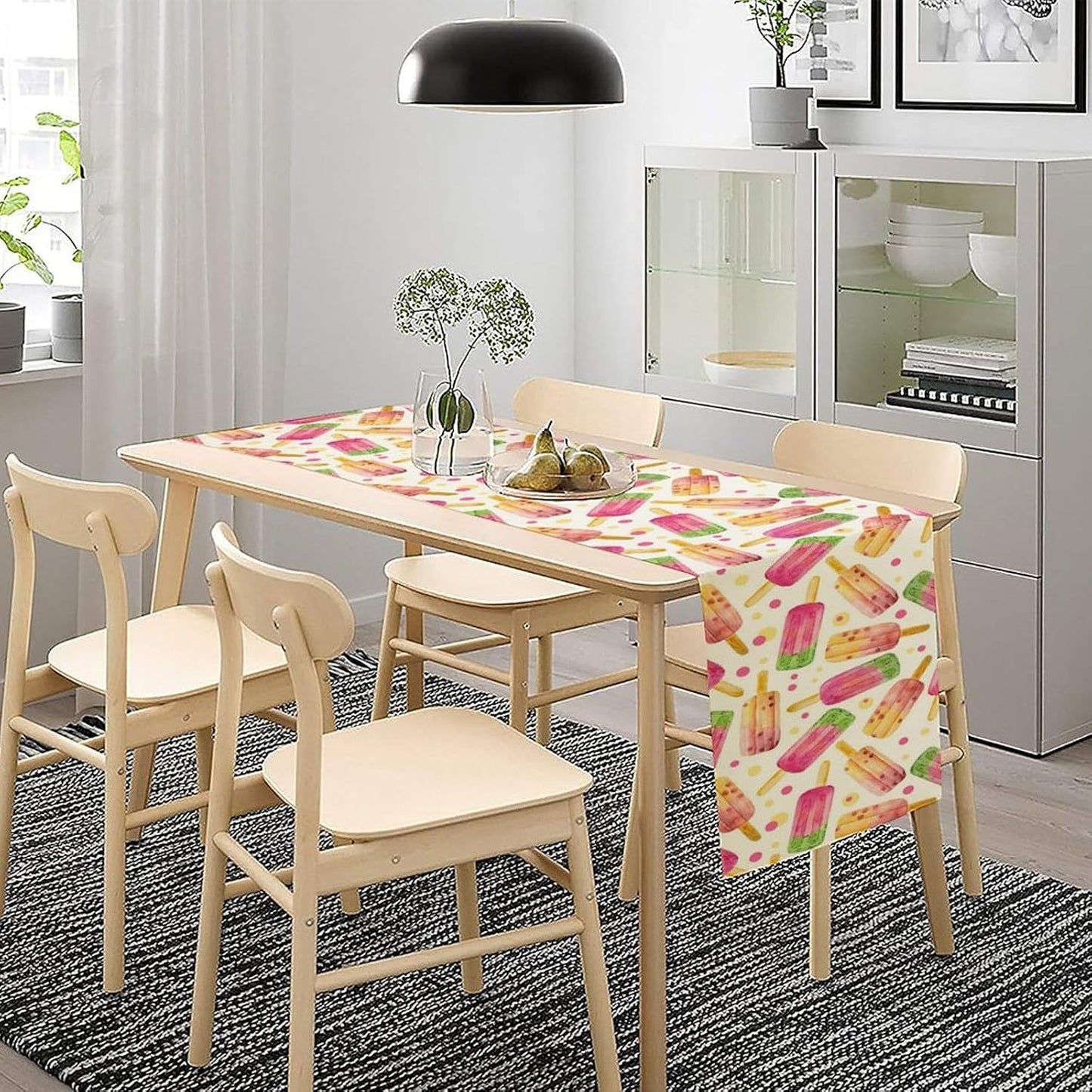 Ice Cream Popsicles Table Runner, Watercolor Summer Seasonal Fruit Peach Kiwi Berry Popsicles Orange Pink Sweet Dessert Dinner Runner for Party Holiday Home Kitchen Dining Table Decor 13"x60"