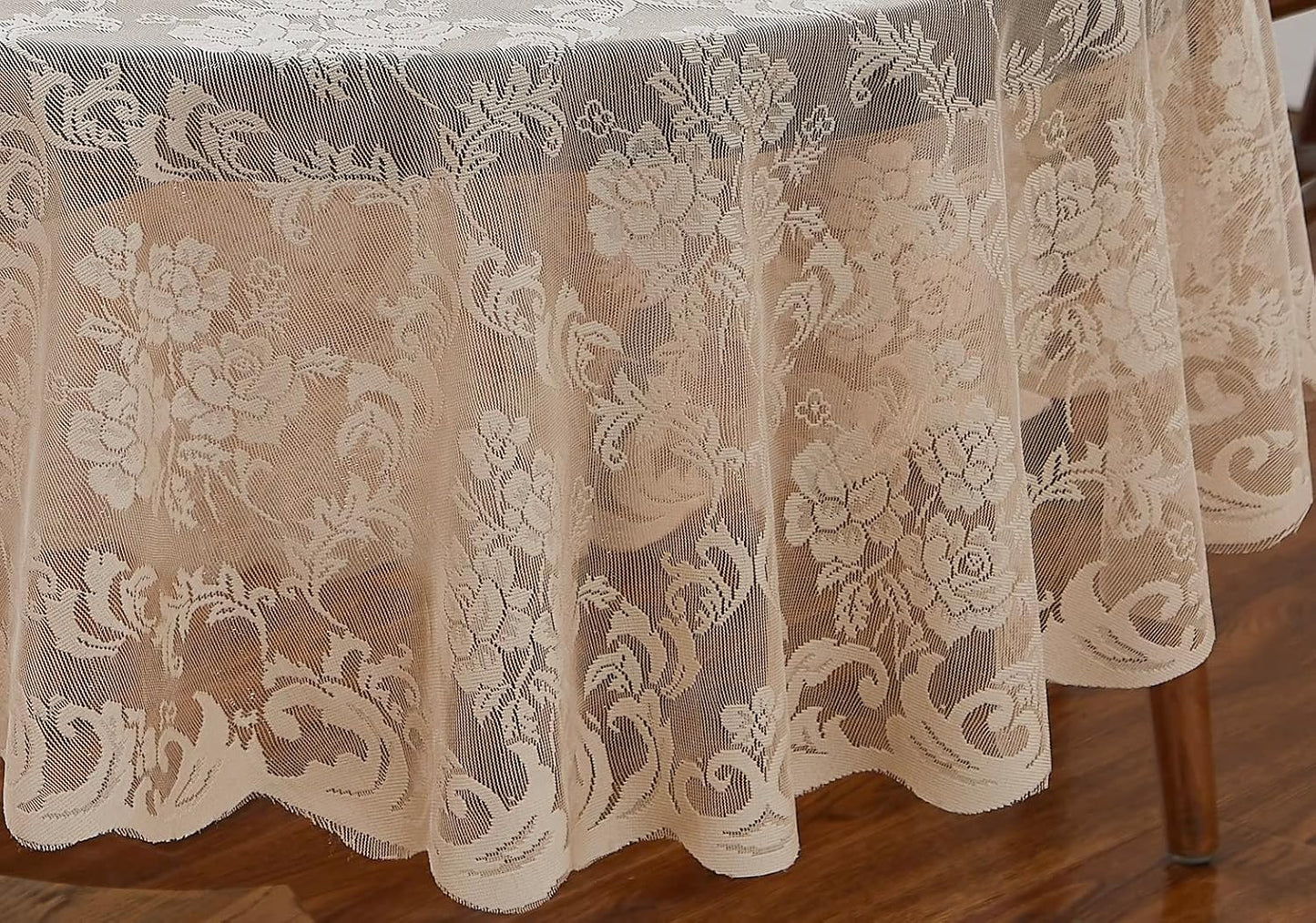LinenZone Linen Oval Tablecloth for Rustic Vintage Decor - Sheer Lace Works Great as Wedding, Thanksgiving or Christmas Tablecloth (Mia Oval 84, Linen)