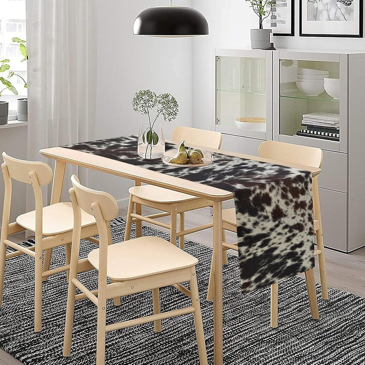 Cow Print Table Runner, Country Farm Animal Fur Skin Pattern Western Style Black Brown Cowhide Print Dinner Runner for Home Kitchen Dining Home Setting, 13x108 Inch