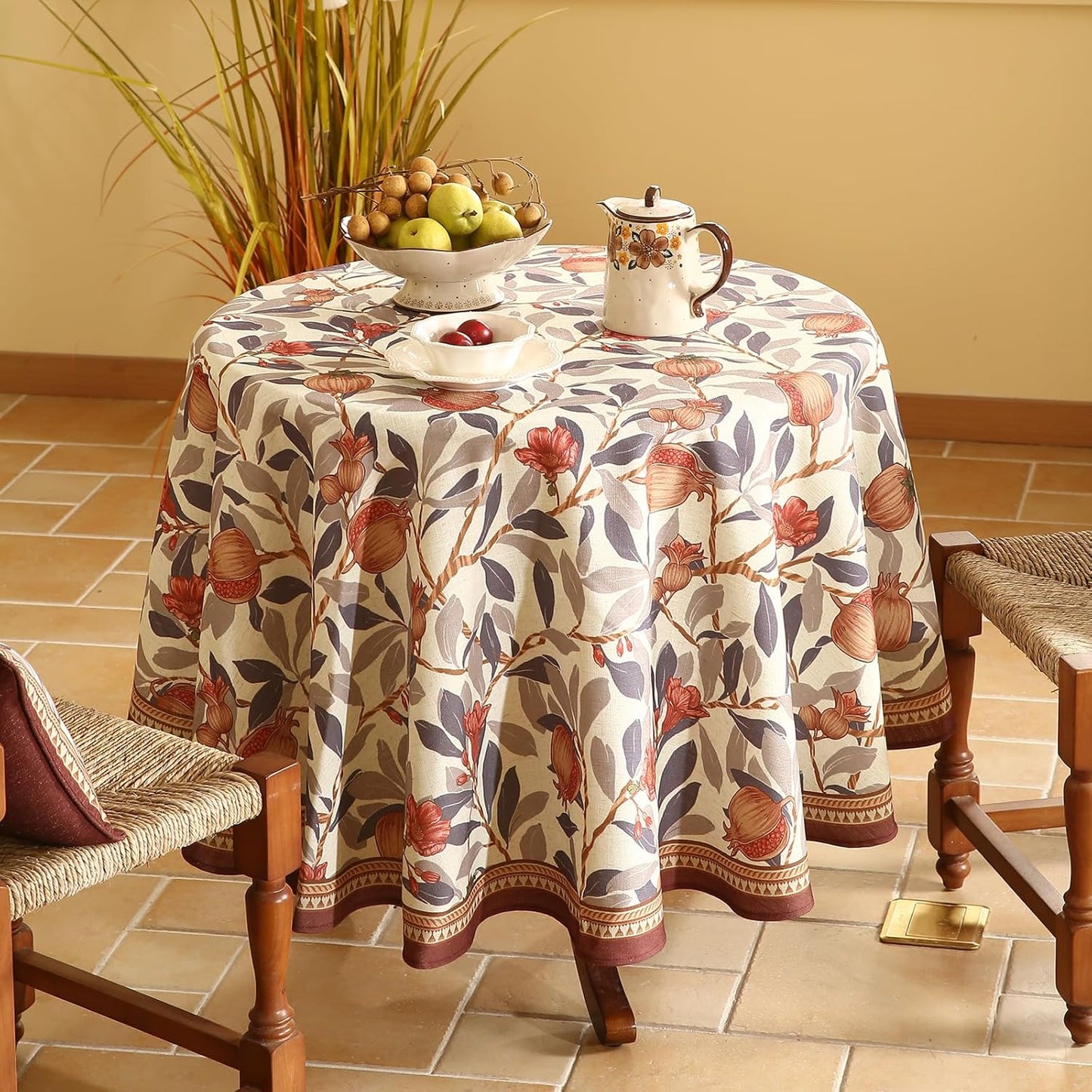 patdrea Designer Linen Round Tablecloth,Vintage Pomegranates and Leaves Tree Tablecloths,Fall Table Decor Cover for Kitchen Dining Christmas,Thanksgiving,Tea Party,Diameter 67"-Tehran a
