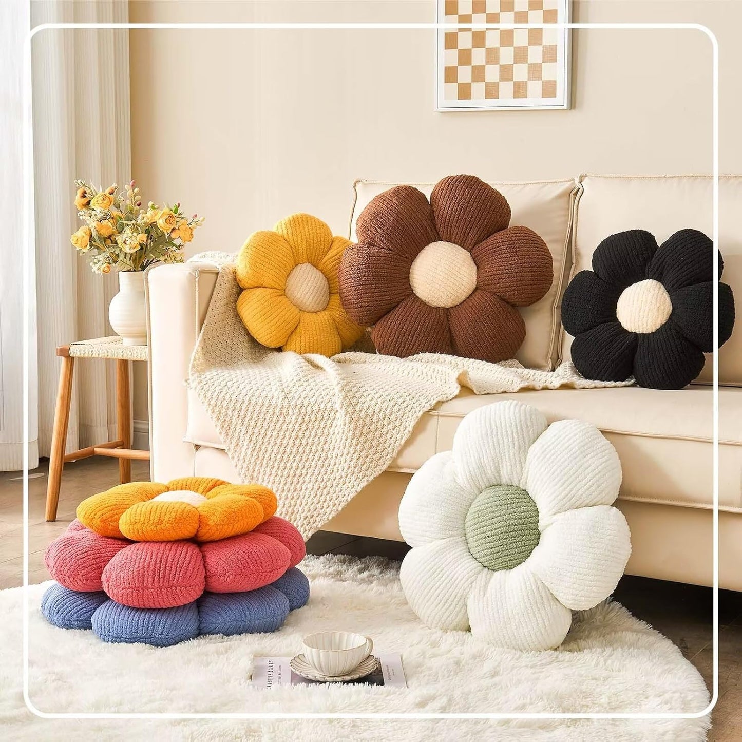 Flower Throw Pillow, Soft Brown 17.7" Shaped Floor Pillow for Home Decor, Cute Aesthetic Plush Decorative Pillows for Bed, Sofa, Couch