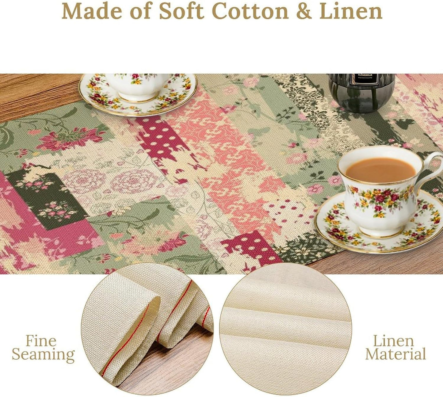 Patchwork Flower Table Runner,Abstract Colorful Floral Retro Style Hand Drawn Tablecloth Burlap for Hotel Indoors Outdoor Dining Room Kitchen Home Decor,W13X L80 in