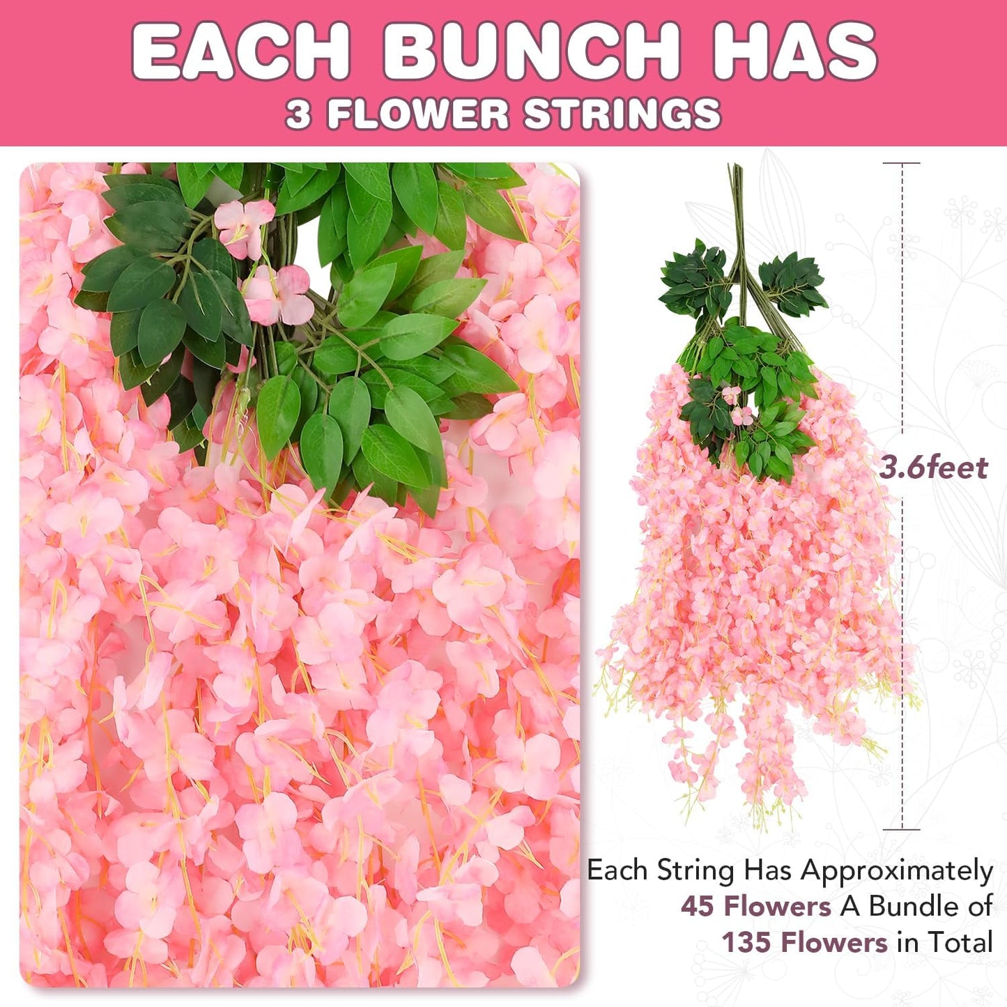 Wisteria Hanging Flowers,Fake Hanging Flowers,Wisteria artificiales Garland for Home Wedding Arch Floral Party Garden Ceremony Outdoor Decor,3.6 feet Long(12,Pink)