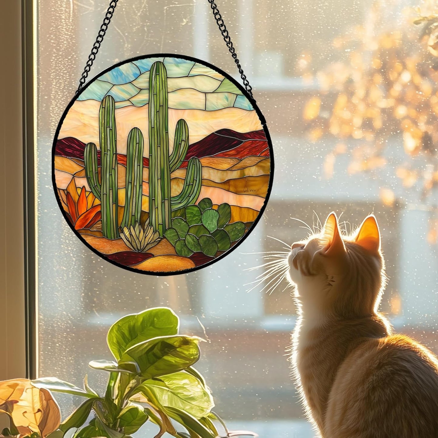 Stained Glass Window Hanging, Green Cactus Sun Catcher for Door Terrace Garden Home Decor, Abstract Desert Landscape Suncatcher Birthday Gifts for Lovers Women Men Dad Mom Nana 15 in