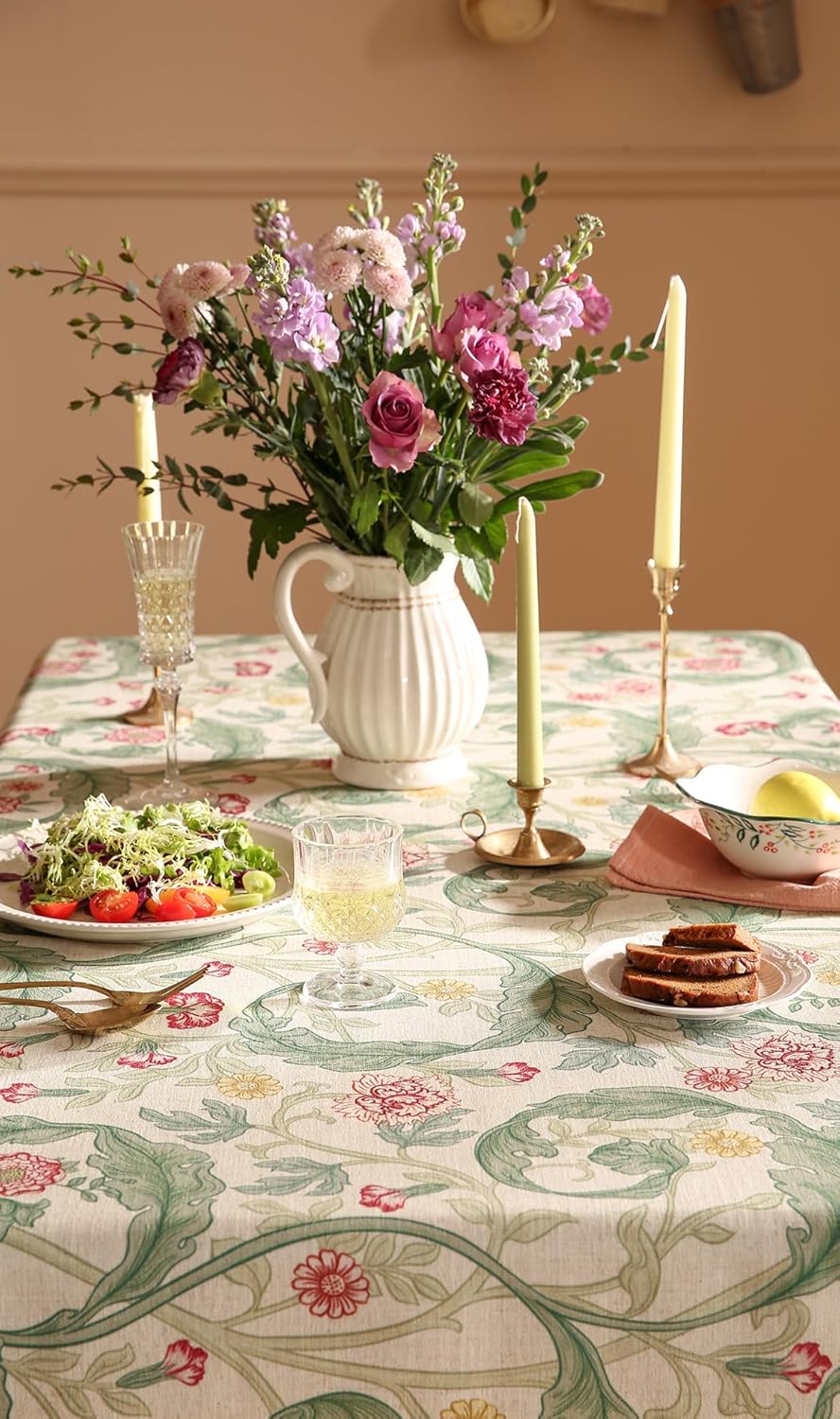 patdrea Designer Green Long Table Cloth for Rectangle Table,Vintage Linen Leaves Pattern Tablecloth,Floral Decor Cover for Kitchen Dining Christmas,Tea Party,Thanksgiving,63"x94"-Cecilia a