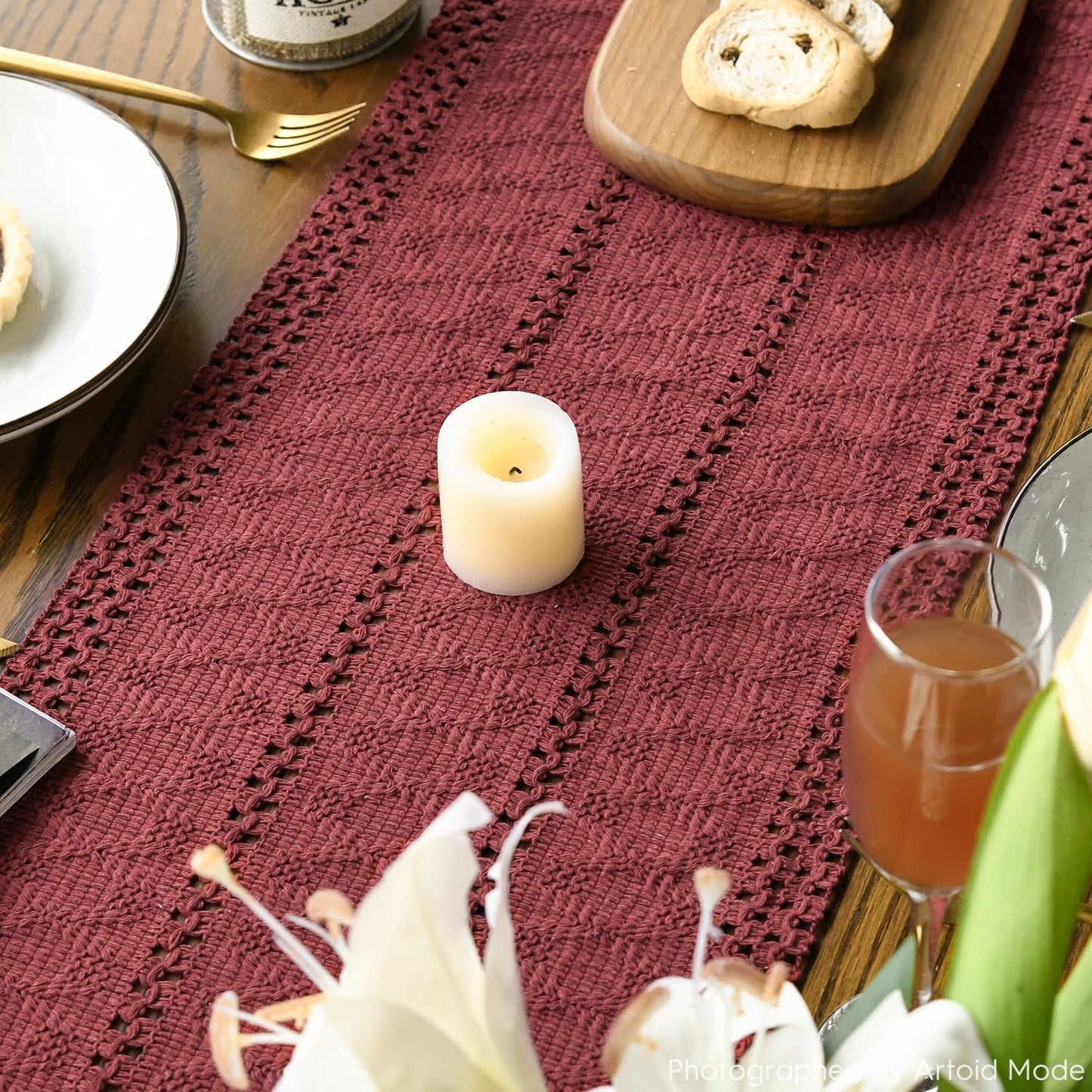 Artoid Mode Red Farmhouse Woven Rustic Hollow Table Runner, Seasonal Holiday Kitchen Dining Table Decoration for Home Party Decor 12x36 Inch