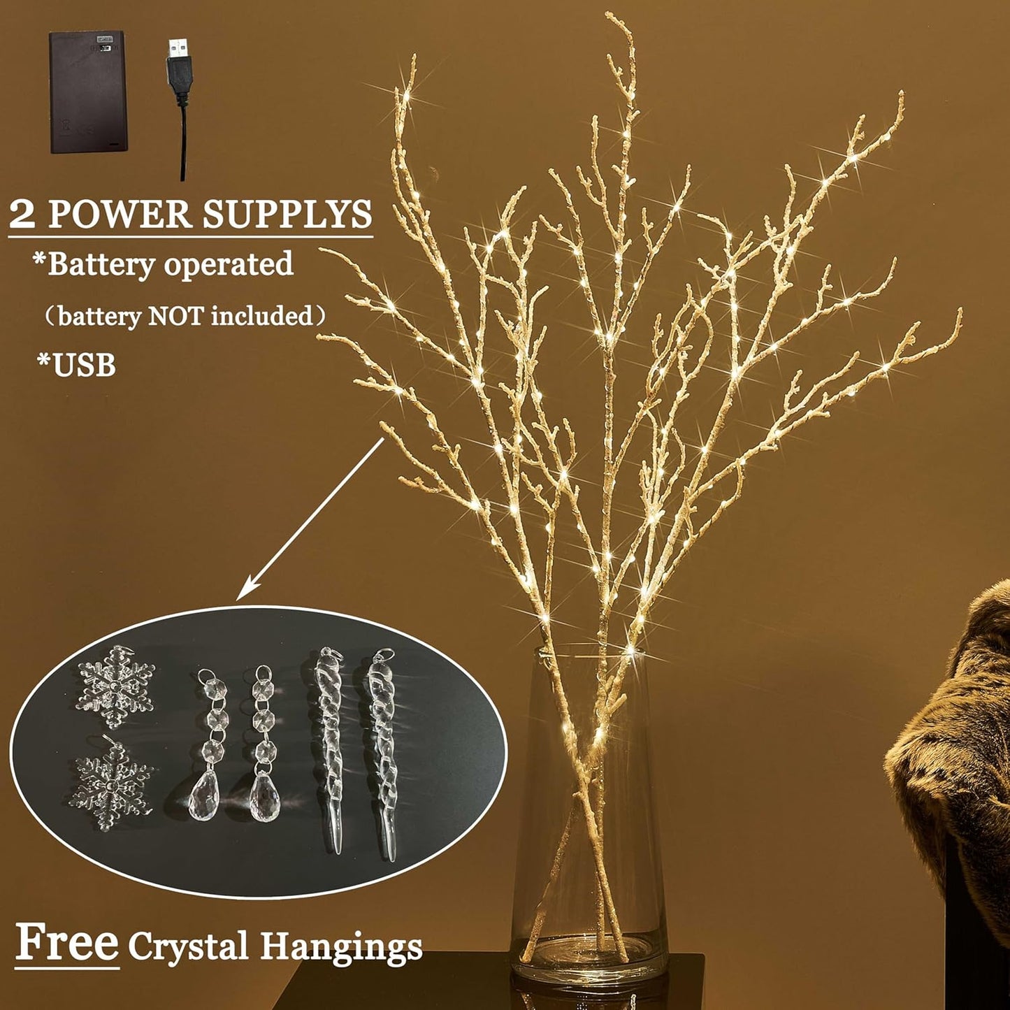 Hairui Lighted Branches with Iredescent Glitter 120 Fairy Lights USB Plug in and Battery Operated with Timer, White Twig Branches with Lights 32IN for Home Christmas Decorations Inside