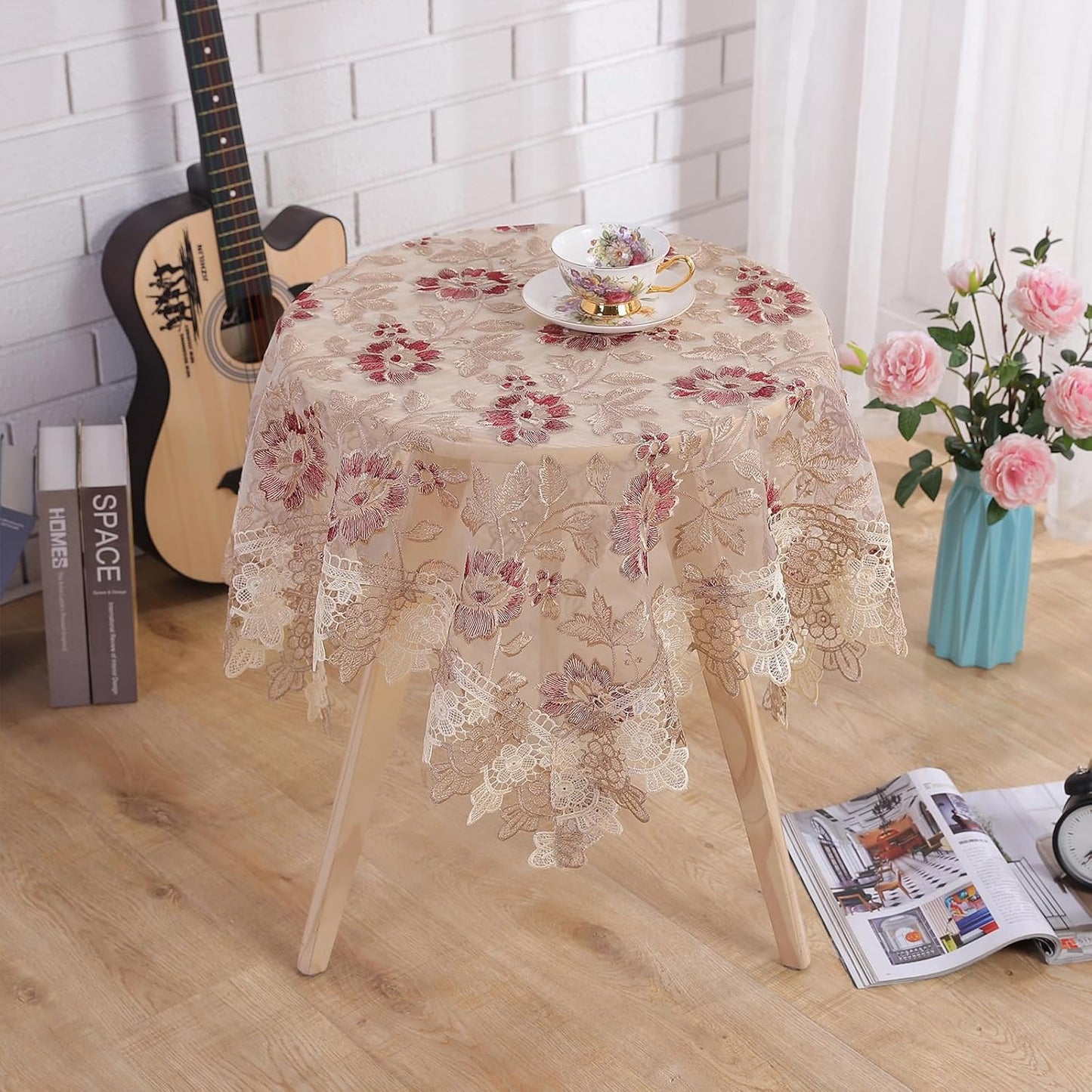Round Embroidered Lace Tablecloth Vintage Decorative Exquisite Border Table Cover for Party Wedding Home Decorations, Round-35, Red