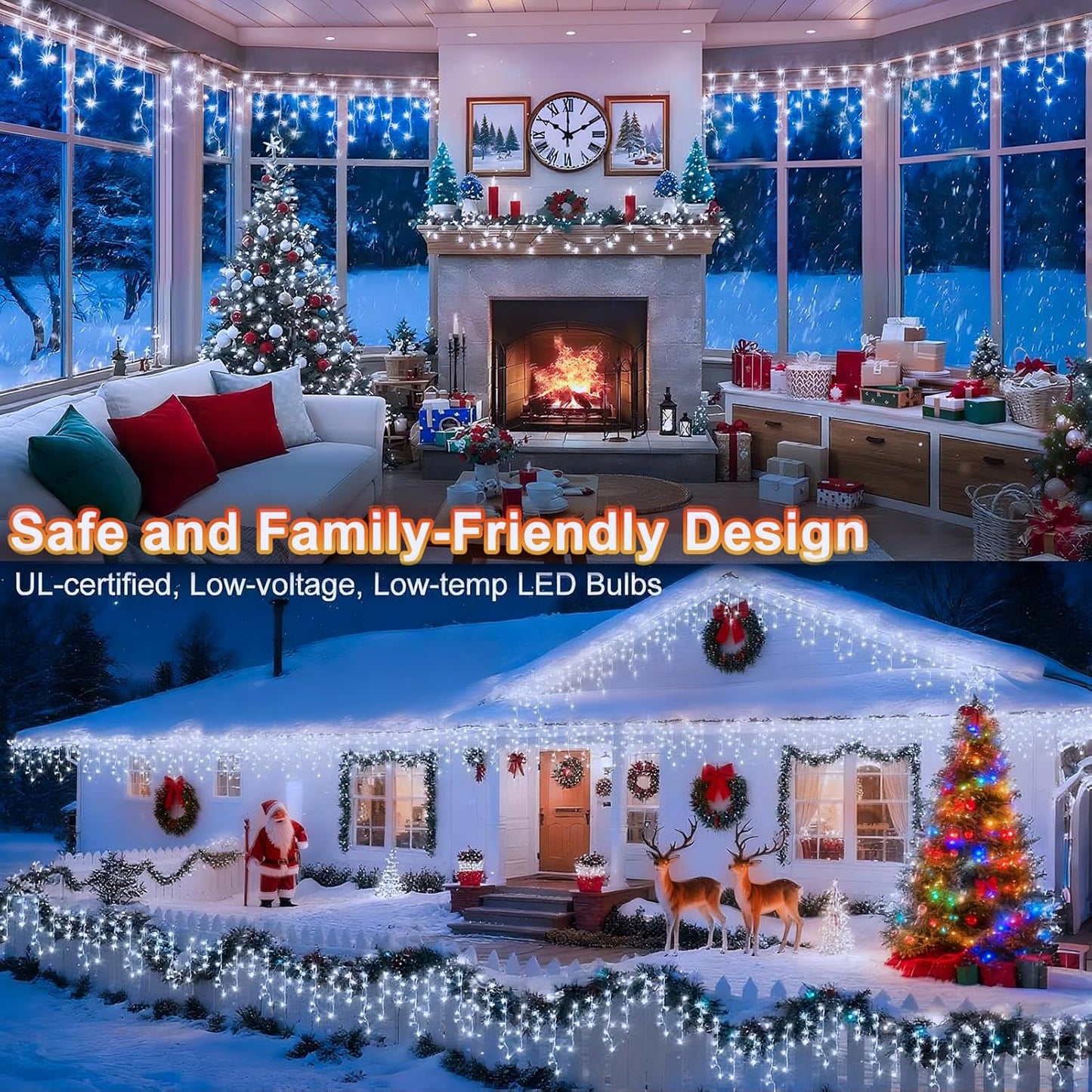 KNONEW 99FT 1216 LED Christmas Lights Outdoor Decorations 8 Modes White Curtain String Light with 228 Drops, Clear Wire LED String Light Indoor Decor for Wedding Party Holiday Christmas