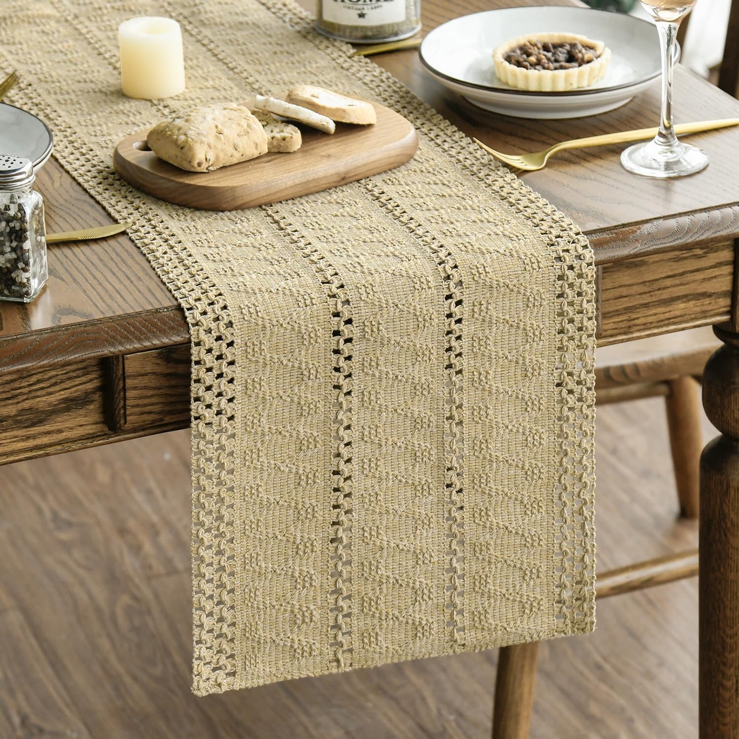 Artoid Mode Burlap Brown Farmhouse Woven Rustic Hollow Table Runner, Seasonal Holiday Hollow Kitchen Dining Table Decoration for Home Party Decor 12x48 Inch
