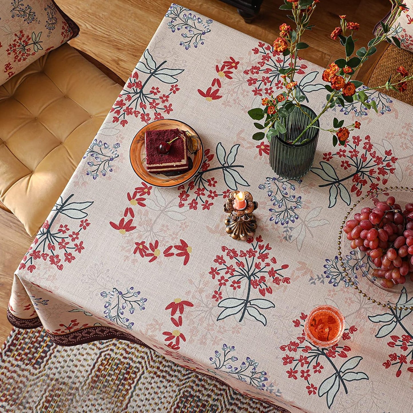 patdrea Designer French Linen Extra Long Tablecloth for Rectangle Table,Vintage Red Floral Tablecloths,Table Cover for Kitchen Dining,Tea Party,Christmas,Thanksgiving,Holiday,67"x118"-Newmari