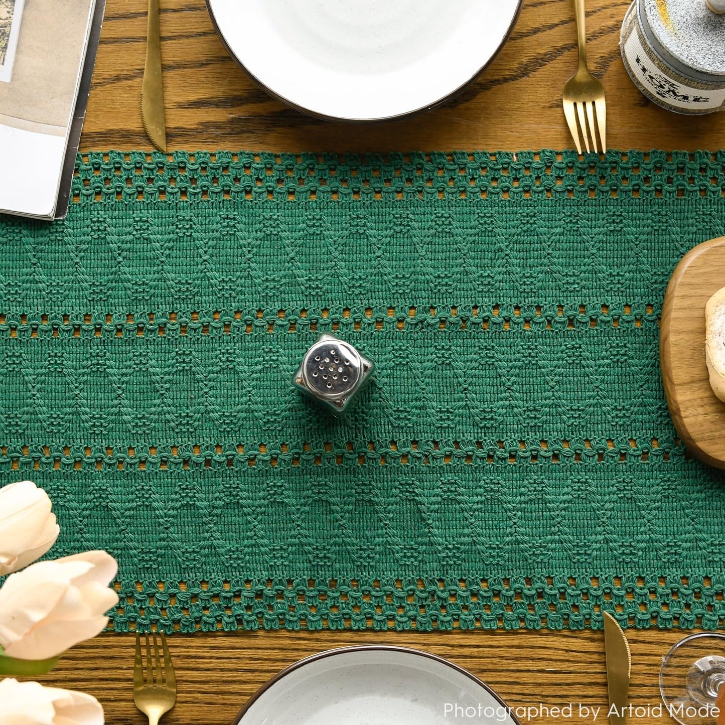 Artoid Mode Dark Green Farmhouse Woven Rustic Hollow Table Runner, Seasonal Holiday Hollow Kitchen Dining Table Decoration for Home Party Decor 12x72 Inch