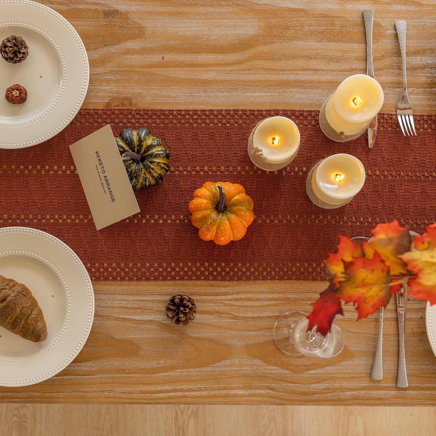 Boho Rust Table Runner for Home Decor 12x48 Inches Farmhouse Macrame Burlap Jute Rustic Dining Kitchen Centerpiece Bohemian Decor French Country Baby Bridal Shower Decorations