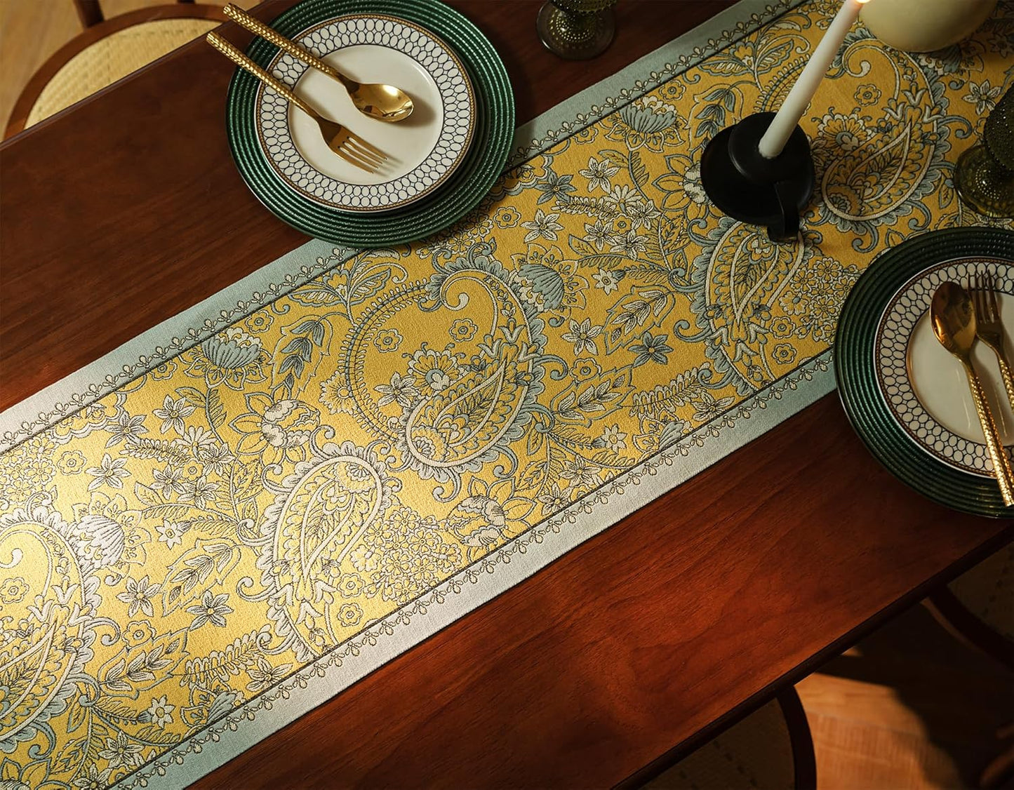 13×72 Inch Table Runner, Retro-Luxury Tassels Series for Kitchen Dining Table Holiday Decoration (Yellow Pheonix)
