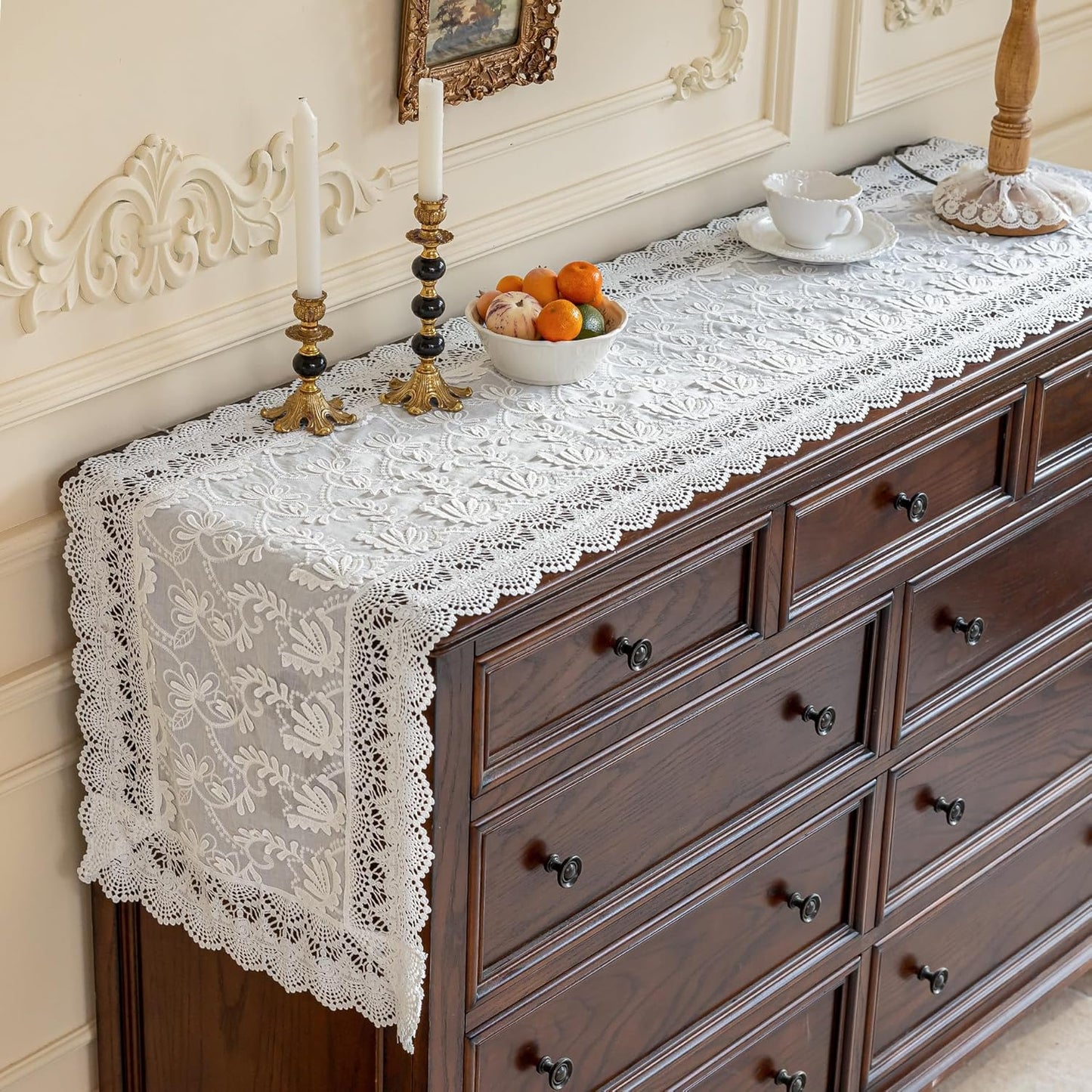 White Elegant Vintage Lace Table Runner,Wedding Lace Decor with Floral Embroidery,Tea Party Decor (White, 13.8X47 Inches)