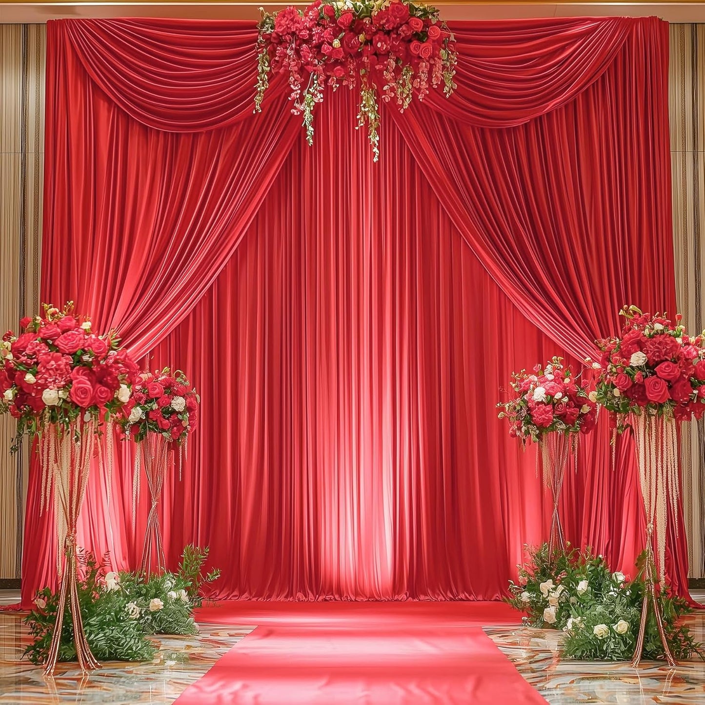 10ftx12ft Wrinkle Free Red Backdrop Curtain, 2 Panels 12FT Height Red Wedding Backdrop Drapes, Silky Polyester Back Drop Cloth for Birthday Photography Background Party Backdrop Draping