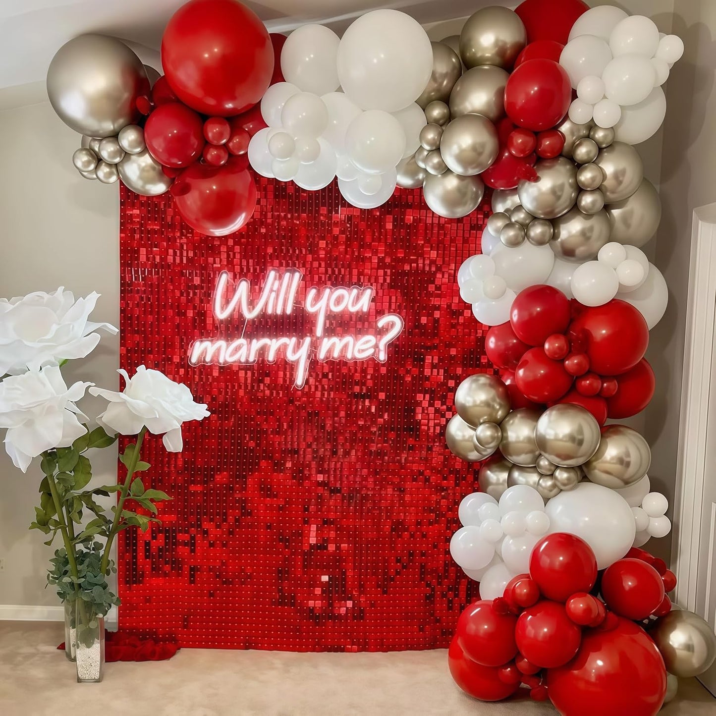 Red and White Balloons Set, Red Sand White and Gold Latex Balloons for Christmas Holiday Winter New Year Party Decorations