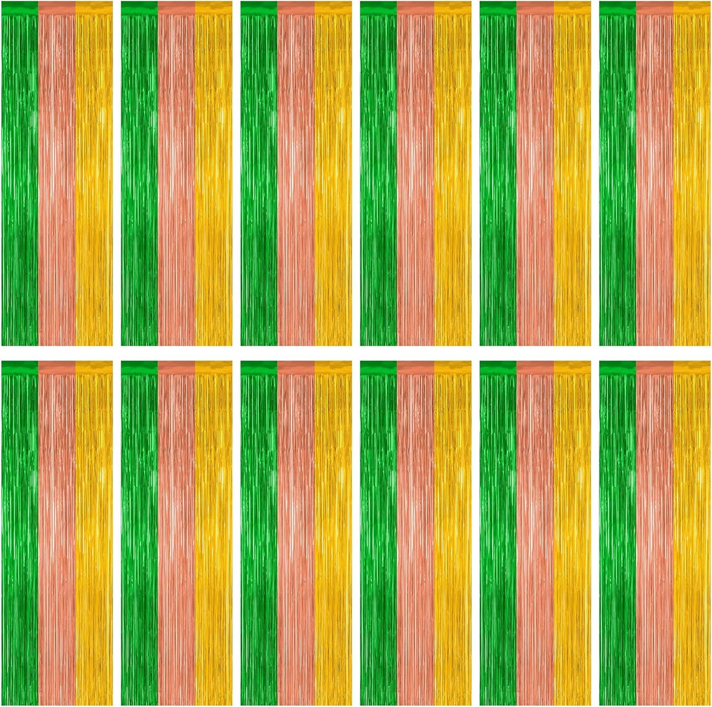 12 Pack Hawaiian Party Decorations, 3.28 FT x 7.05 FT Luau Party Decorations, Green Brown Yellow Luau Backdrop Fringe Curtains Foil Streamer, Metallic Summer Decor Luau Party Supplies