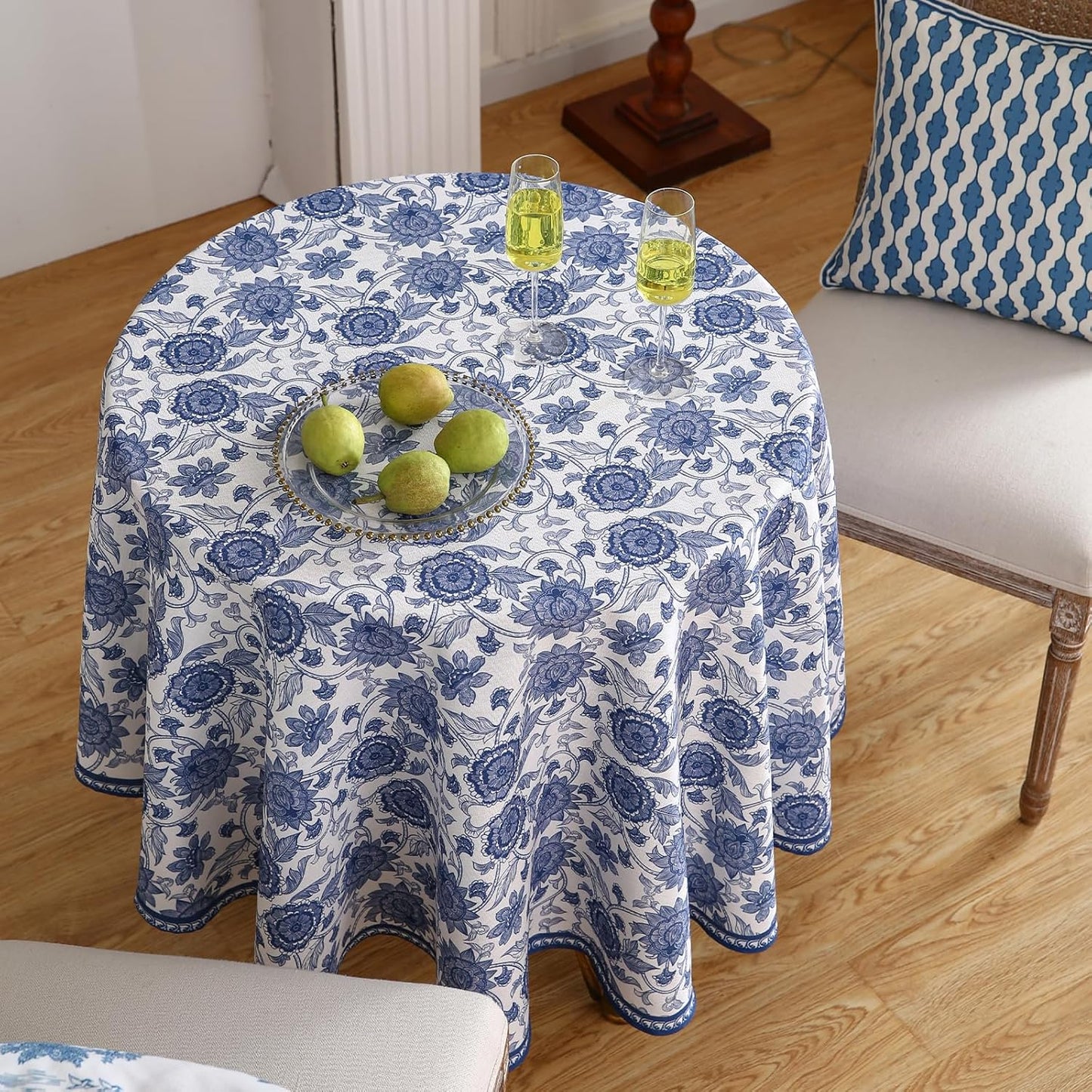 patdrea Designer Linen Blue Small Tablecloth for Round Table,Vintage Durable Paisley Pattern Table Cloth,Floral Cover Fall Decor for Kitchen Dining Christmas,Thanksgiving,Diameter 55"-Lantang a