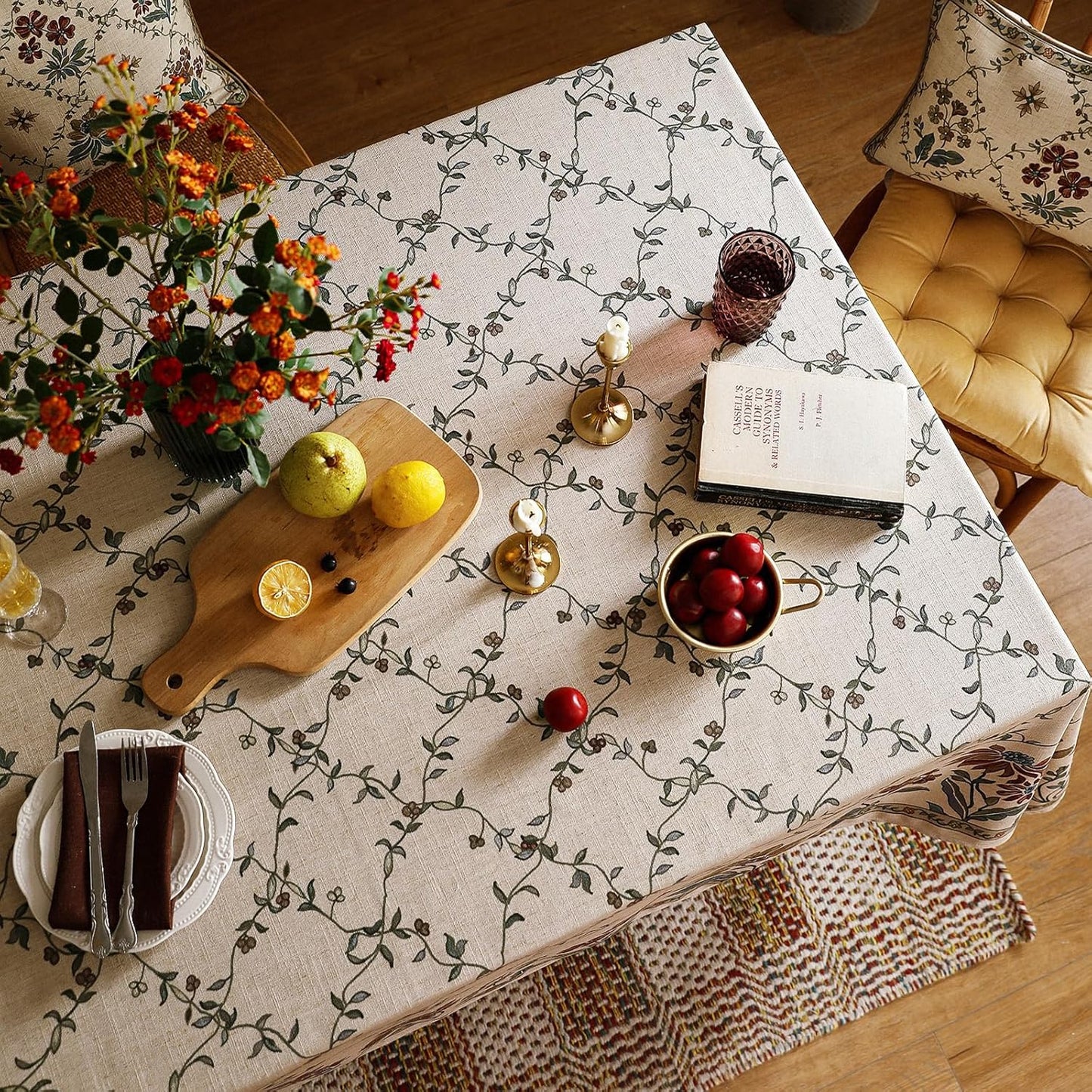 patdrea Designer Linen French Tablecloth for Rectangle Table,Fall Country Breathable Floral Extra Long Tablecloths,Table Cover for Kitchen Dining,Christmas,Thanksgiving,63"x110"-Oliveirad